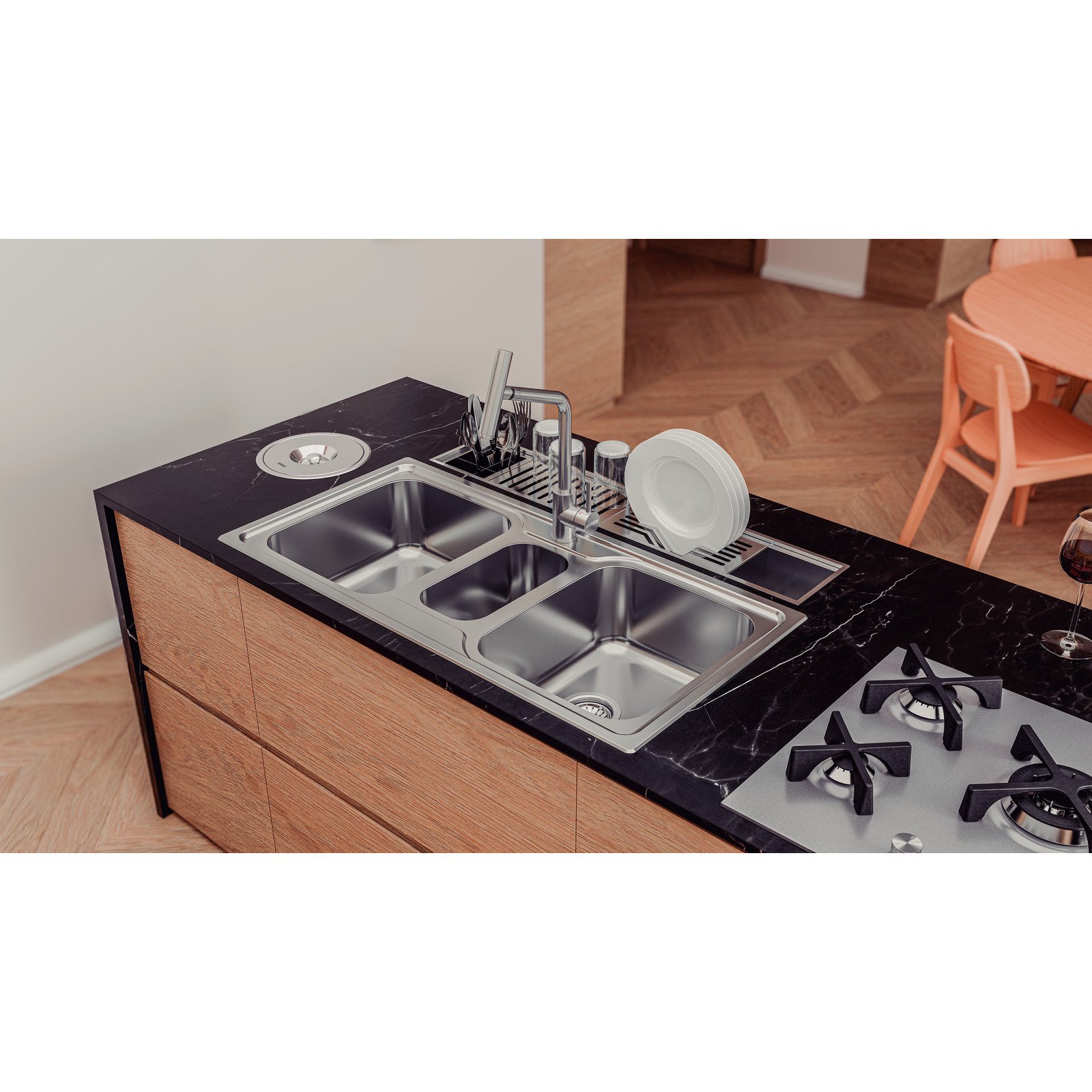 Cuba de Sobrepor Tramontina Marea Deep 2 Cubas e Auxiliar em Aço Inox com Acabamento Escovado 100 X 50 Cm com Válvula - foto 2