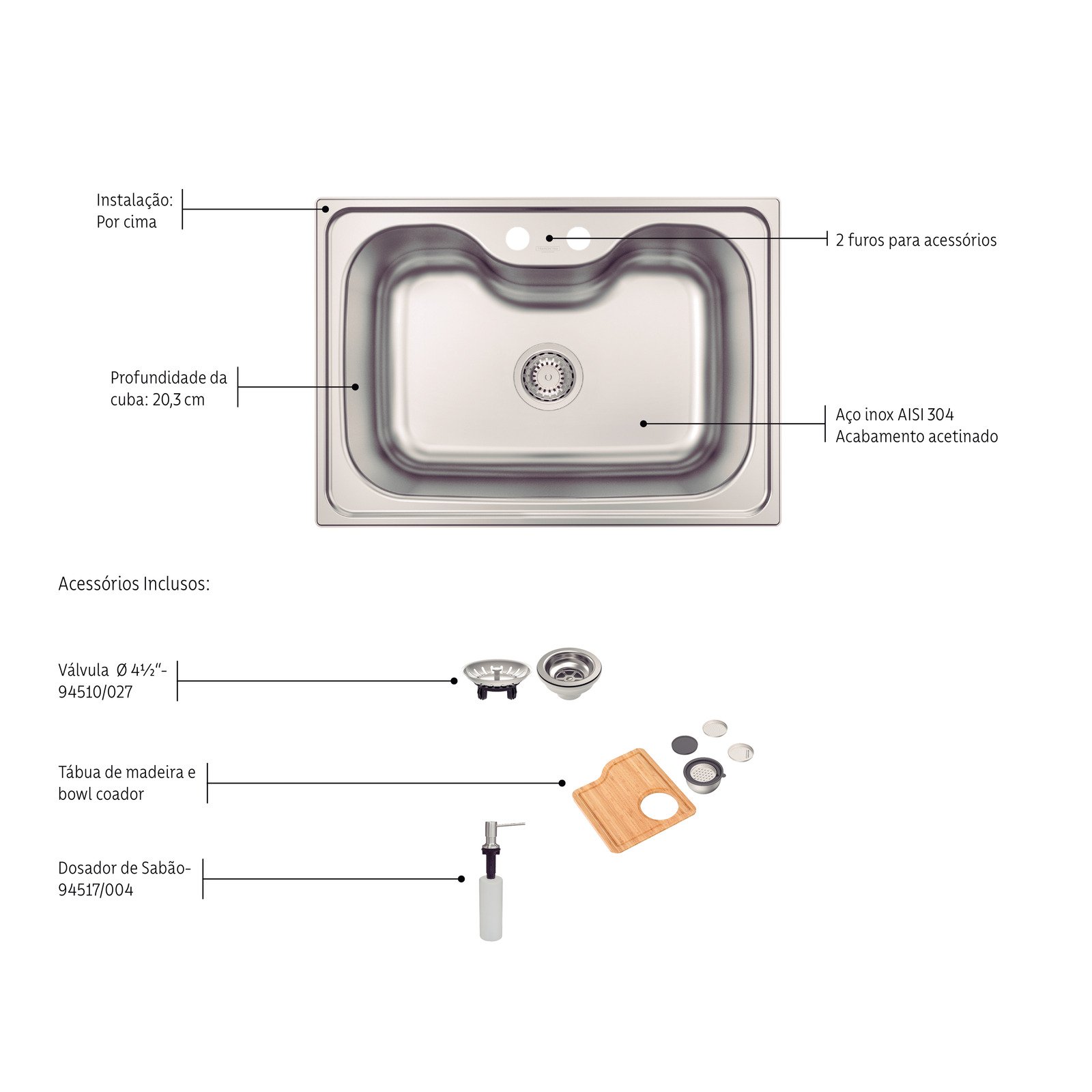 Cuba de Sobrepor Tramontina Morgana 60 Fx em Aço Inox com Dosador de Sabão Tábua e Bowl Ralador - foto 4