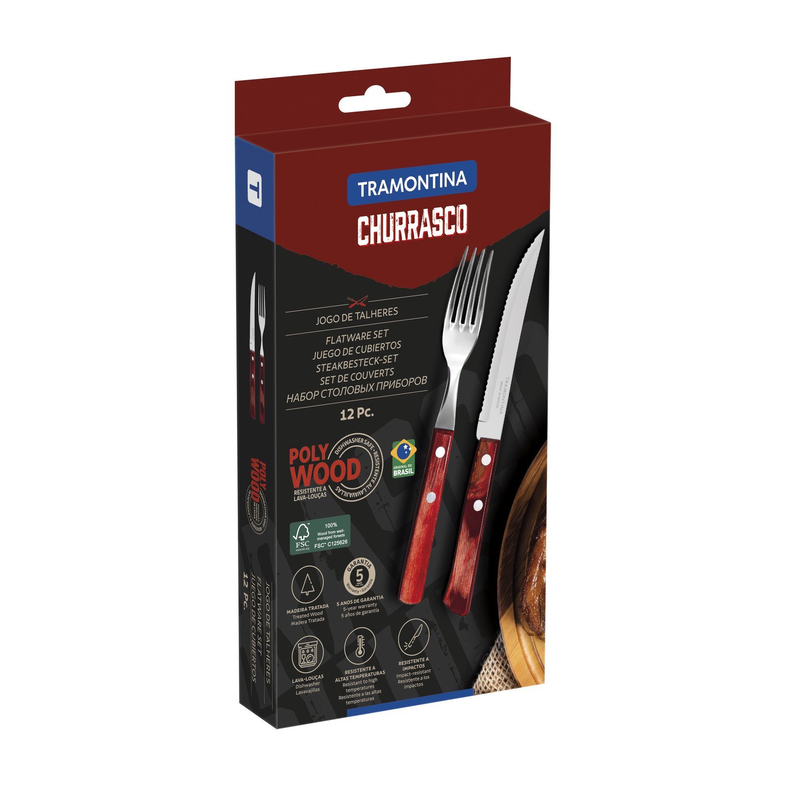 Jogo de Talheres para Churrasco Tramontina com Laminas de Aço Inox com Cabos de Madeira Tratada Polywood Vermelho 12 Peças - foto 3