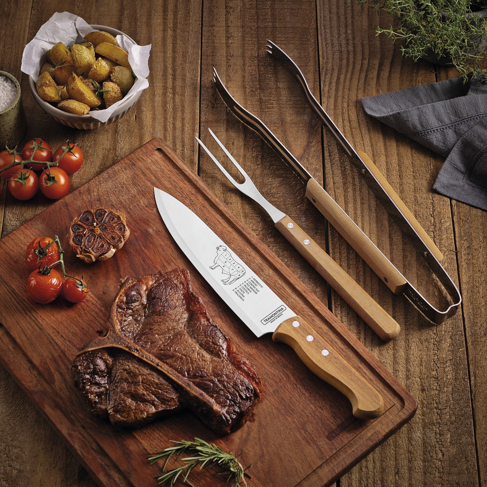 Jogo para Churrasco Tramontina com Lâminas em Aço Inox e Cabos de Madeira Natural 3 Peças - foto 3