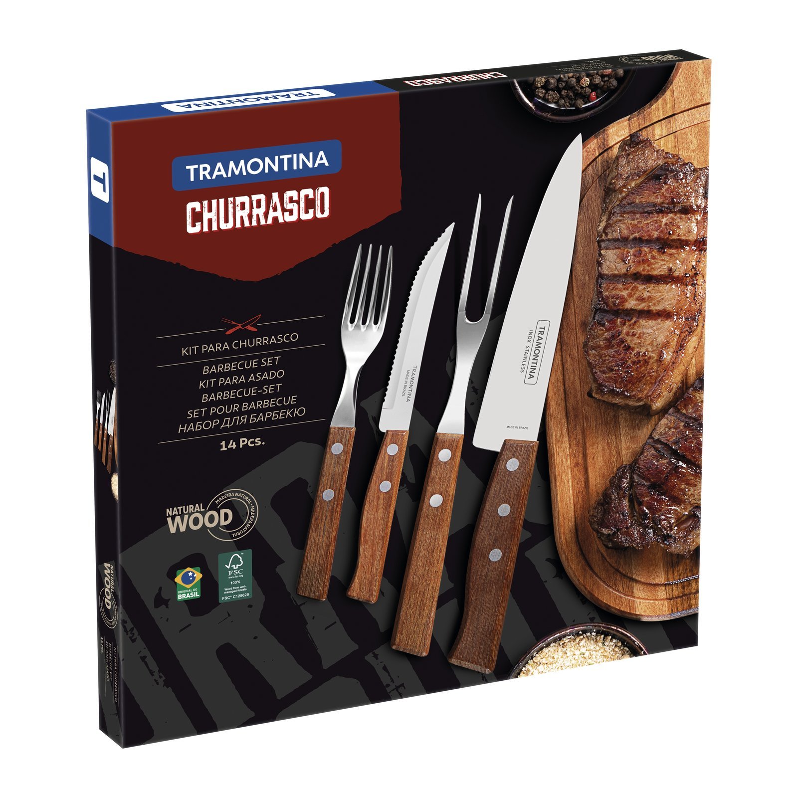 Jogo de Talheres para Churrasco Tramontina com Lâminas de Aço Inox e Cabos de Madeira Natural 14 Peças - foto 5