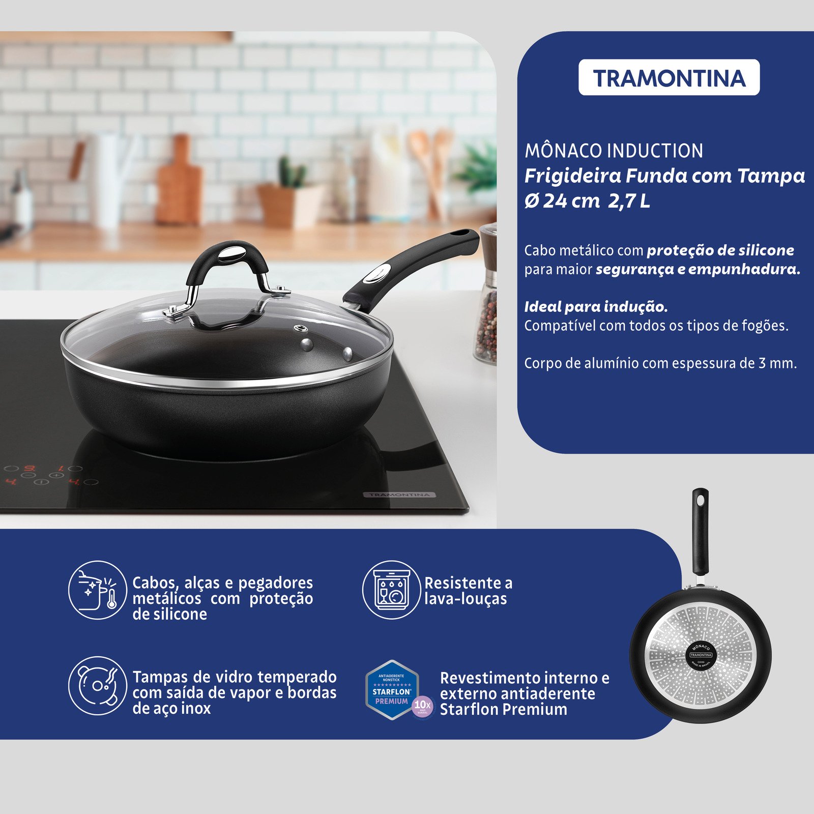 Frigideira Funda Tramontina Mônaco Induction em Alumínio com Revestimento Interno e Externo Antiaderente Starflon Premium Preto com Tampa 24 Cm 2,7 L - foto 3