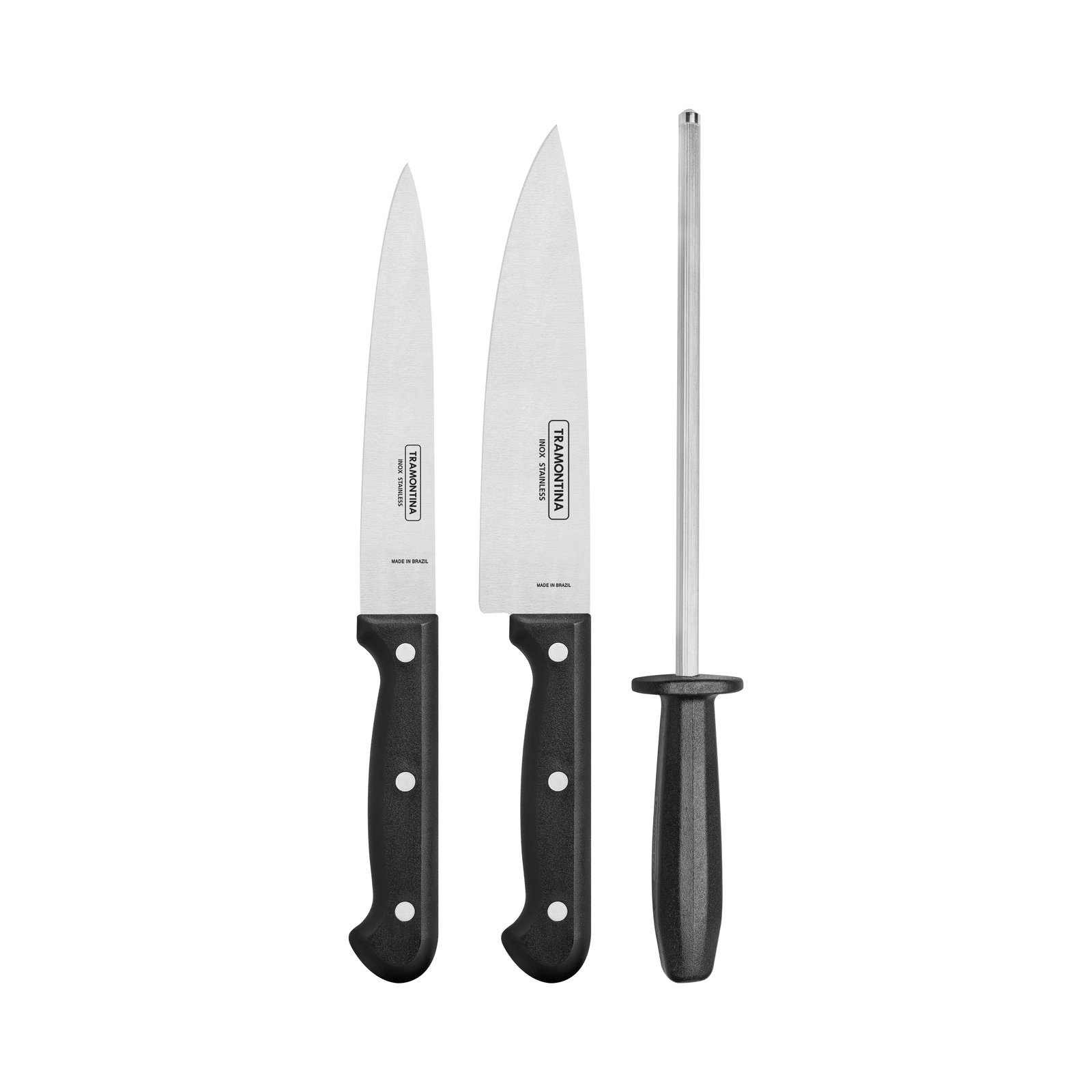 Jogo de Facas com Chaira Tramontina Ultracorte com Lâminas em Aço Inox e Cabos de Polipropileno Preto 3 Peças