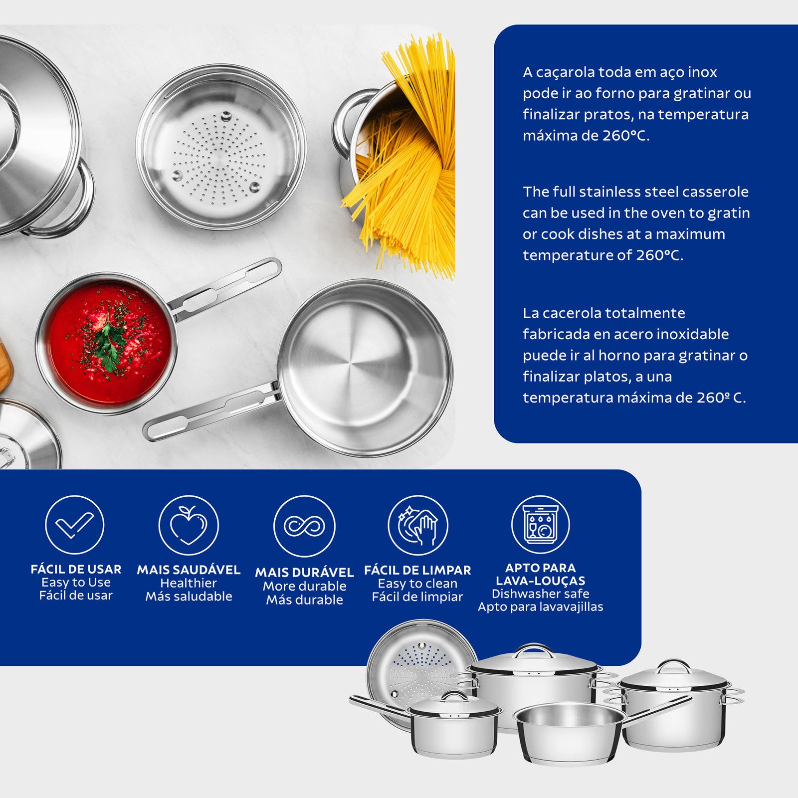 Jogo de Panelas Tramontina Solar em Aço Inox com Fundo Triplo e Tampas de Inox 5 Peças - foto 4