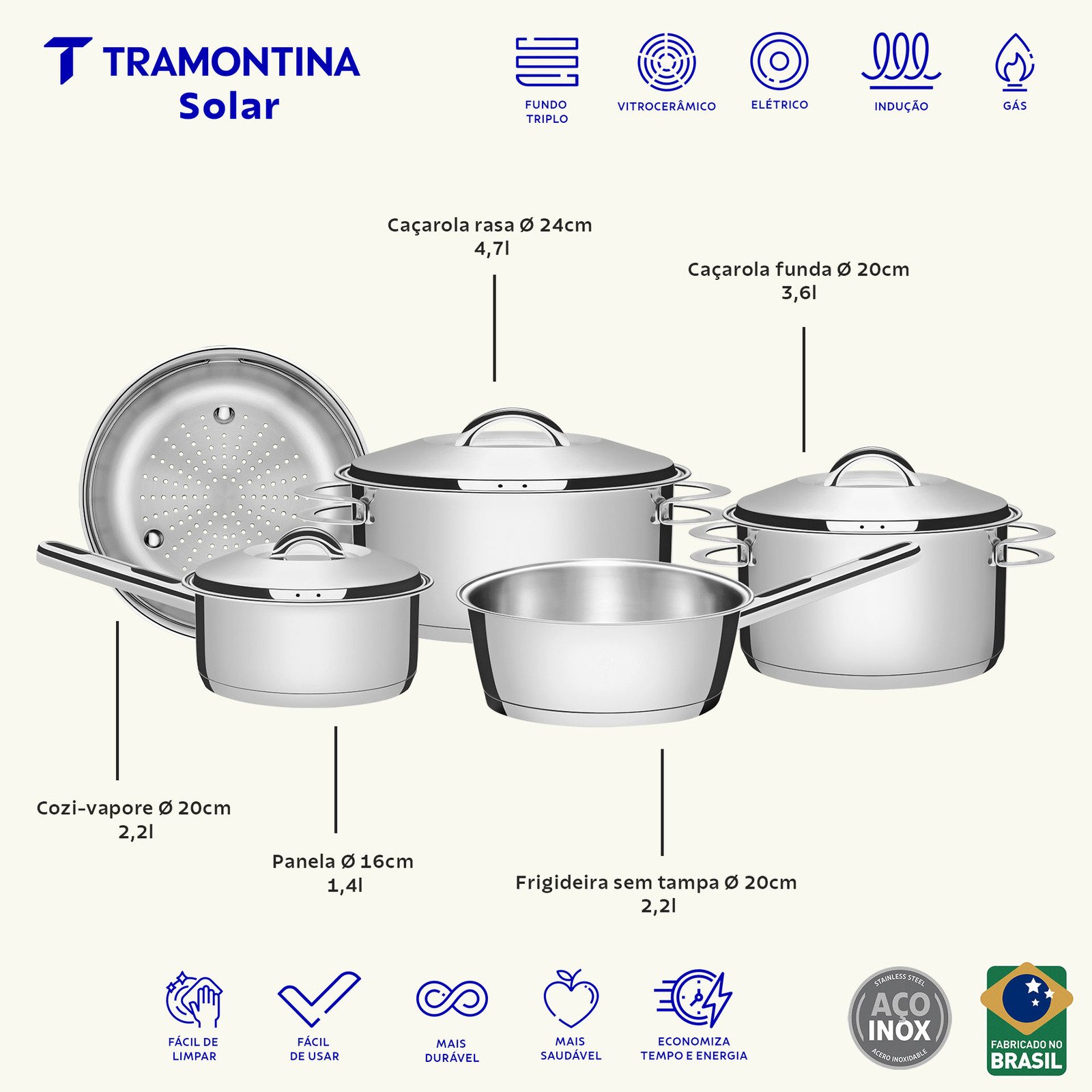 Jogo de Panelas Tramontina Solar em Aço Inox com Fundo Triplo e Tampas de Inox 5 Peças - foto 2
