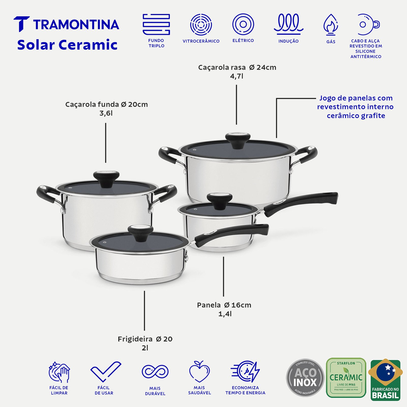 Jogo de Panelas Tramontina Solar Ceramic em Aço Inox Fundo Triplo com Revestimento Interno Cerâmico Grafite 4 Peças - foto 2