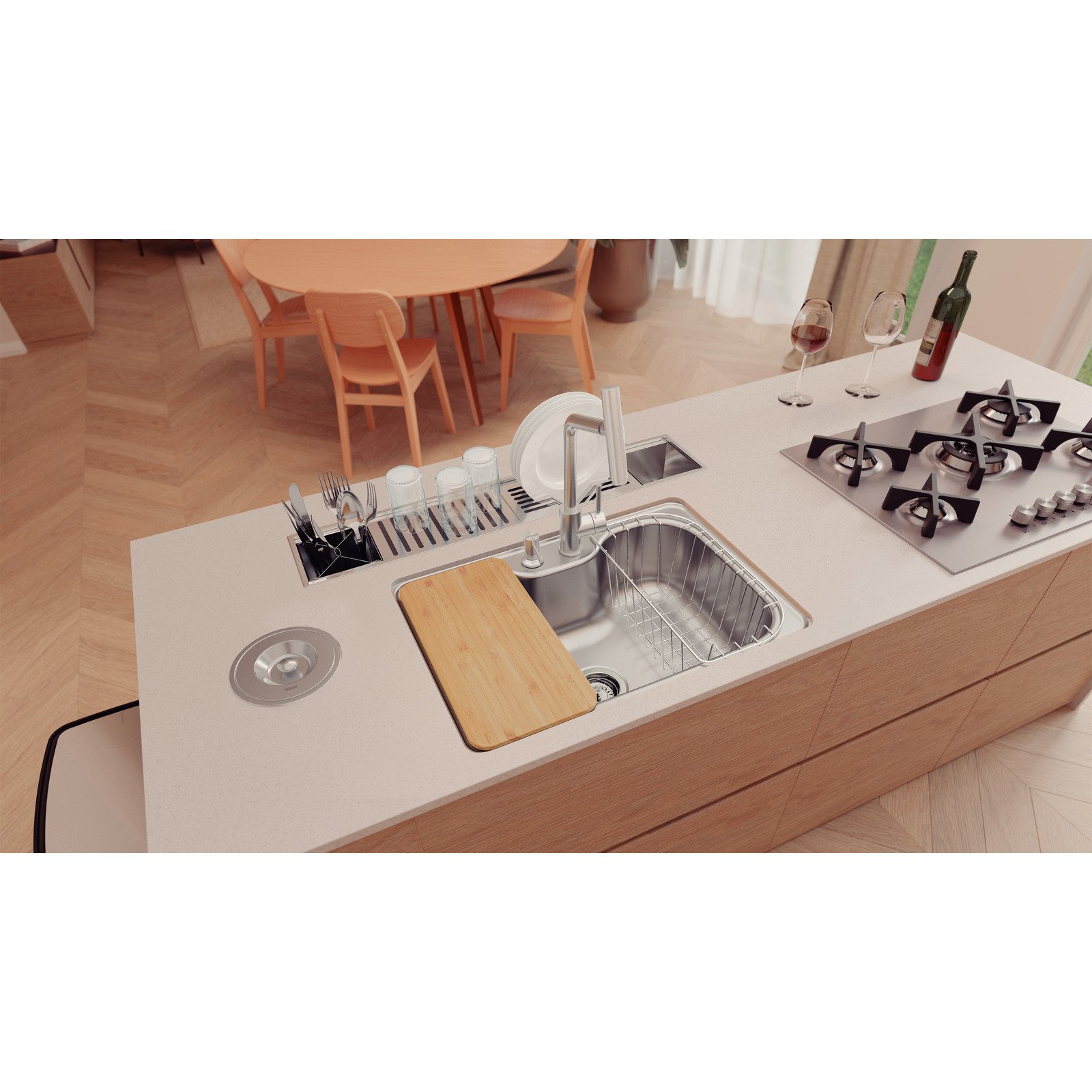 Cuba Tramontina Undermount Morgana em Aço Inox com Acabamento Escovado 69x49 Cm com Dosador de Sabão, Tábua e Cesto Aramado - foto 2