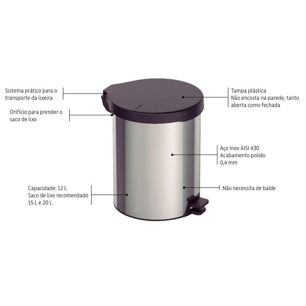 Lixeira Pedal Tramontina New 12 Litros Aço Inox Cesto Removível - foto 5