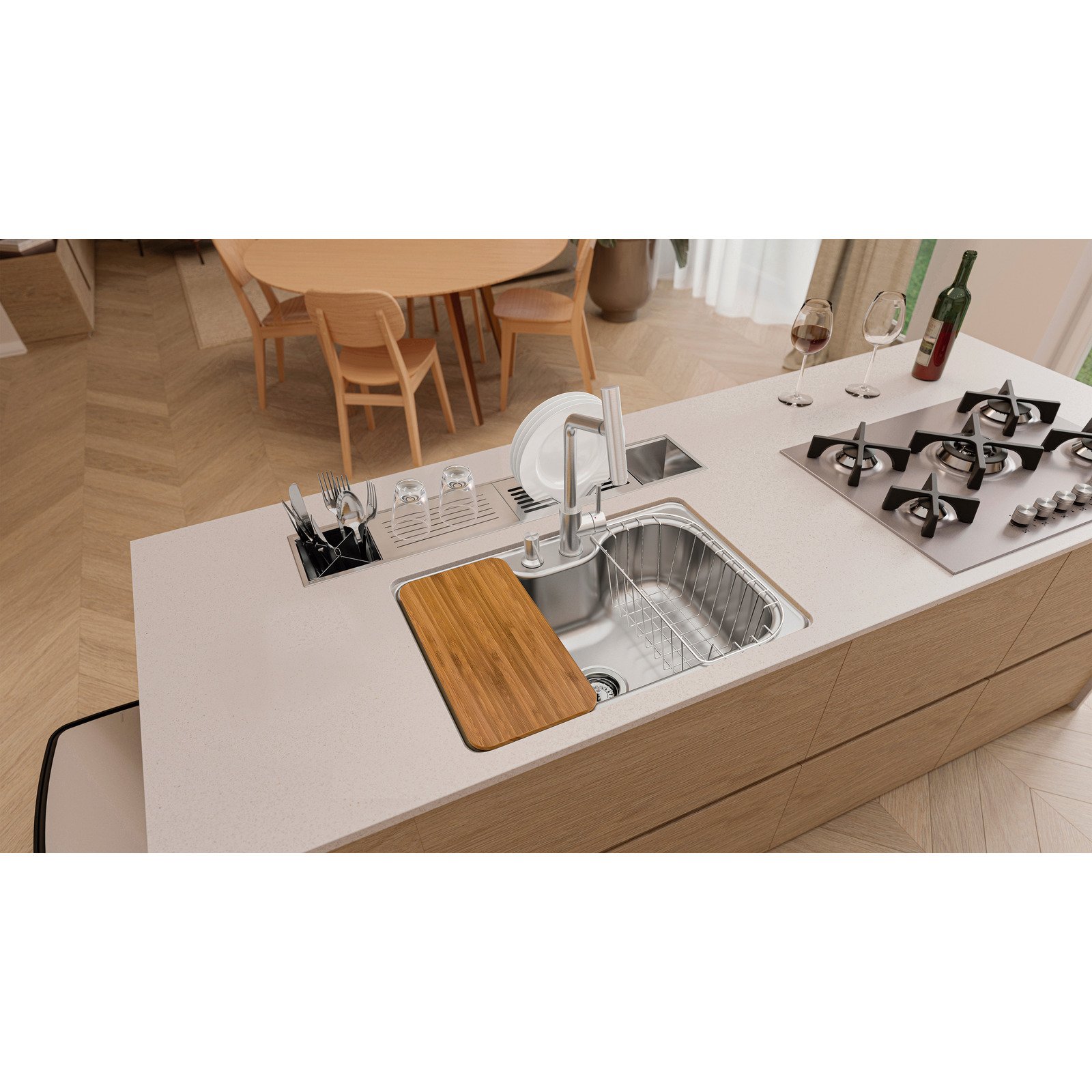 Cuba Tramontina Morgana 60 Fx Undermount em Aço Inox com Lixeira de Embutir 5 L, Tábua de Madeira, Dosador de Sabão, Cesto Aramado e Válvula - foto 2