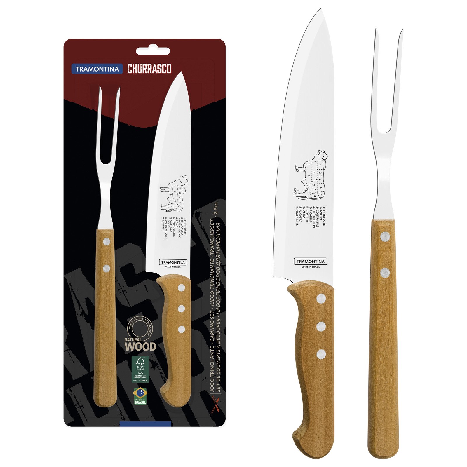 Jogo Trinchante Tramontina com Lâminas de Aço Inox e Cabos de Madeira Natural 2 Peças