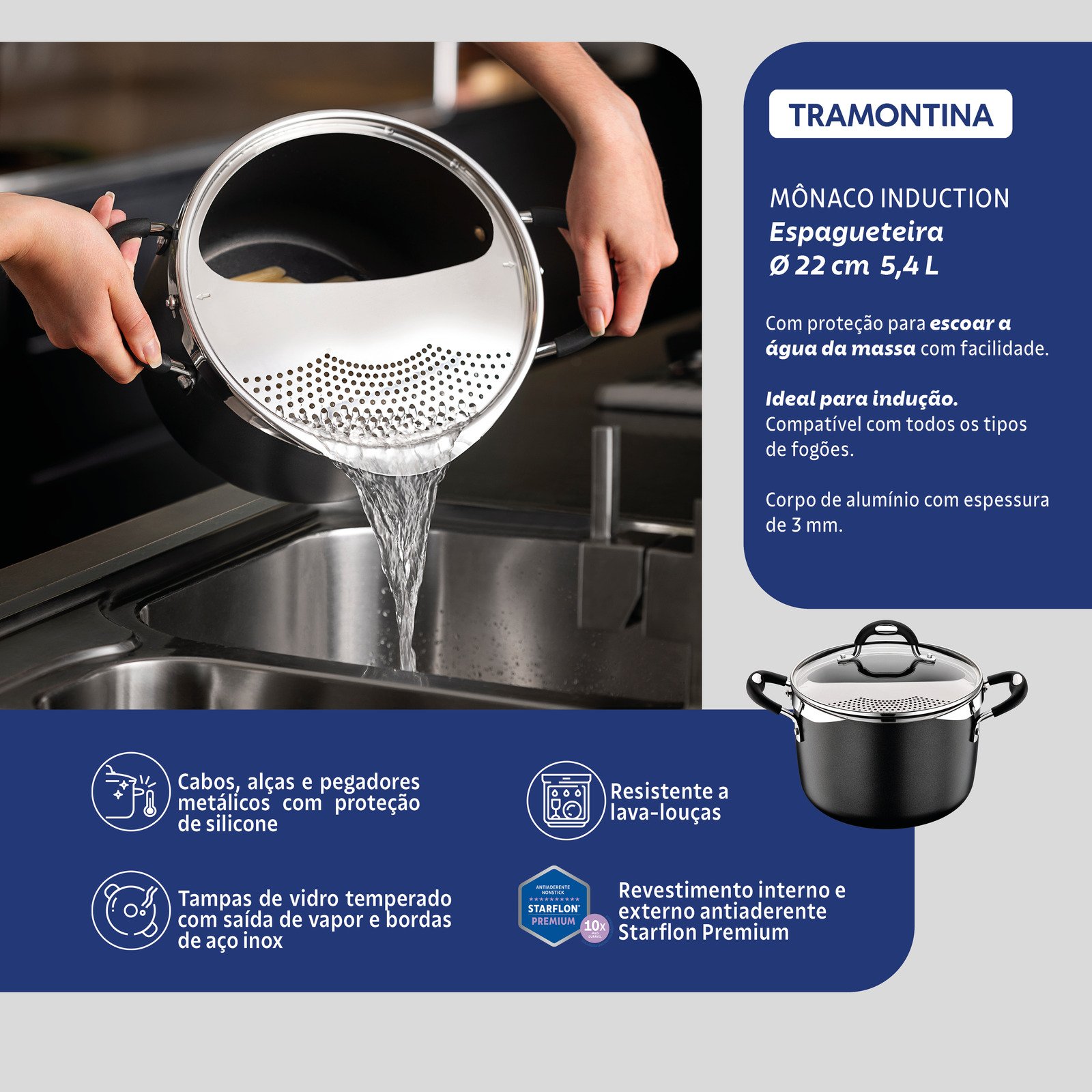 Espagueteira Tramontina Mônaco Induction em Alumínio com Revestimento Interno e Externo Antiaderente Starflon Premium Preto com Tampa 22 Cm 5,4 L - foto 2