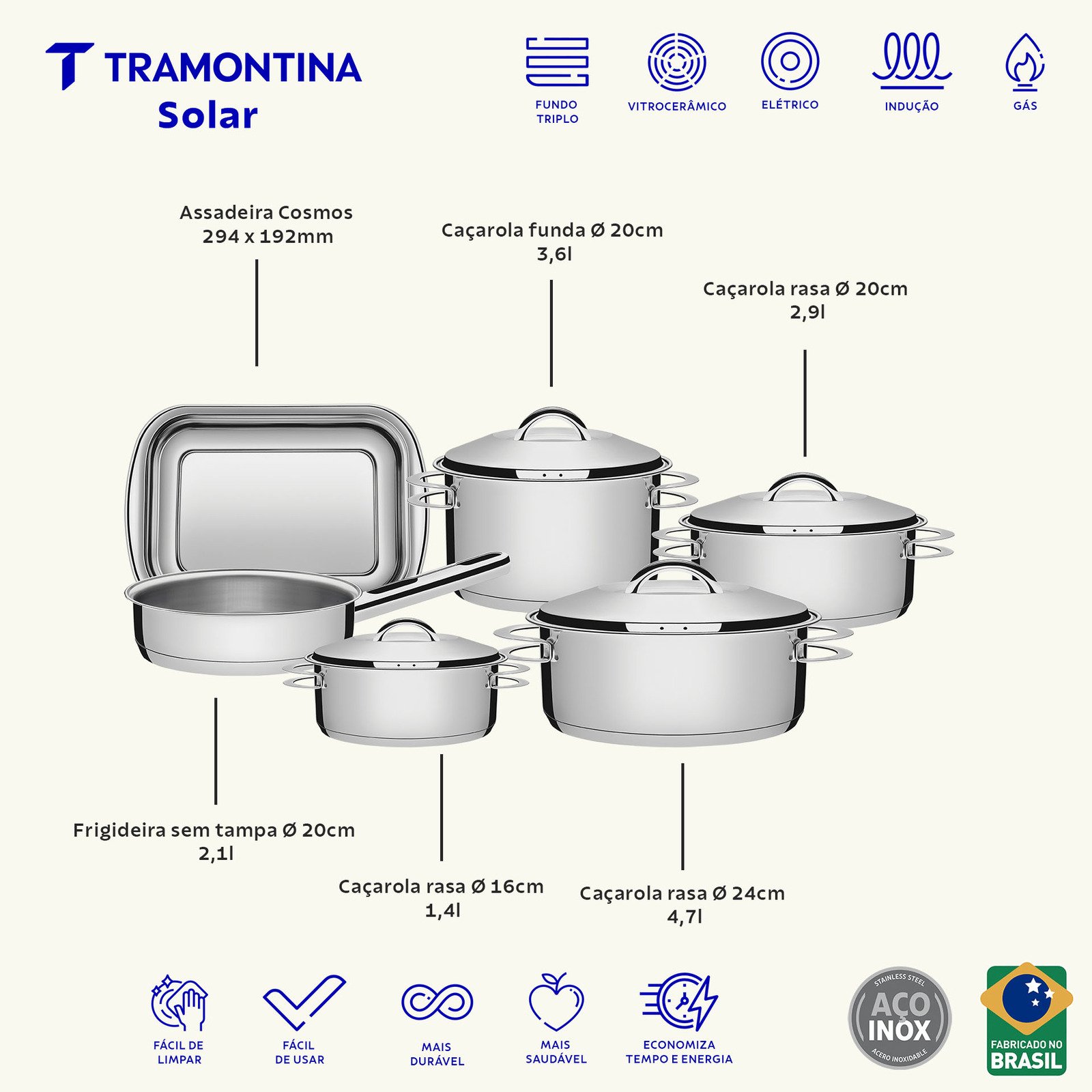 Jogo de Panelas Tramontina Solar em Aço Inox Fundo Triplo 6 Peças - foto 2