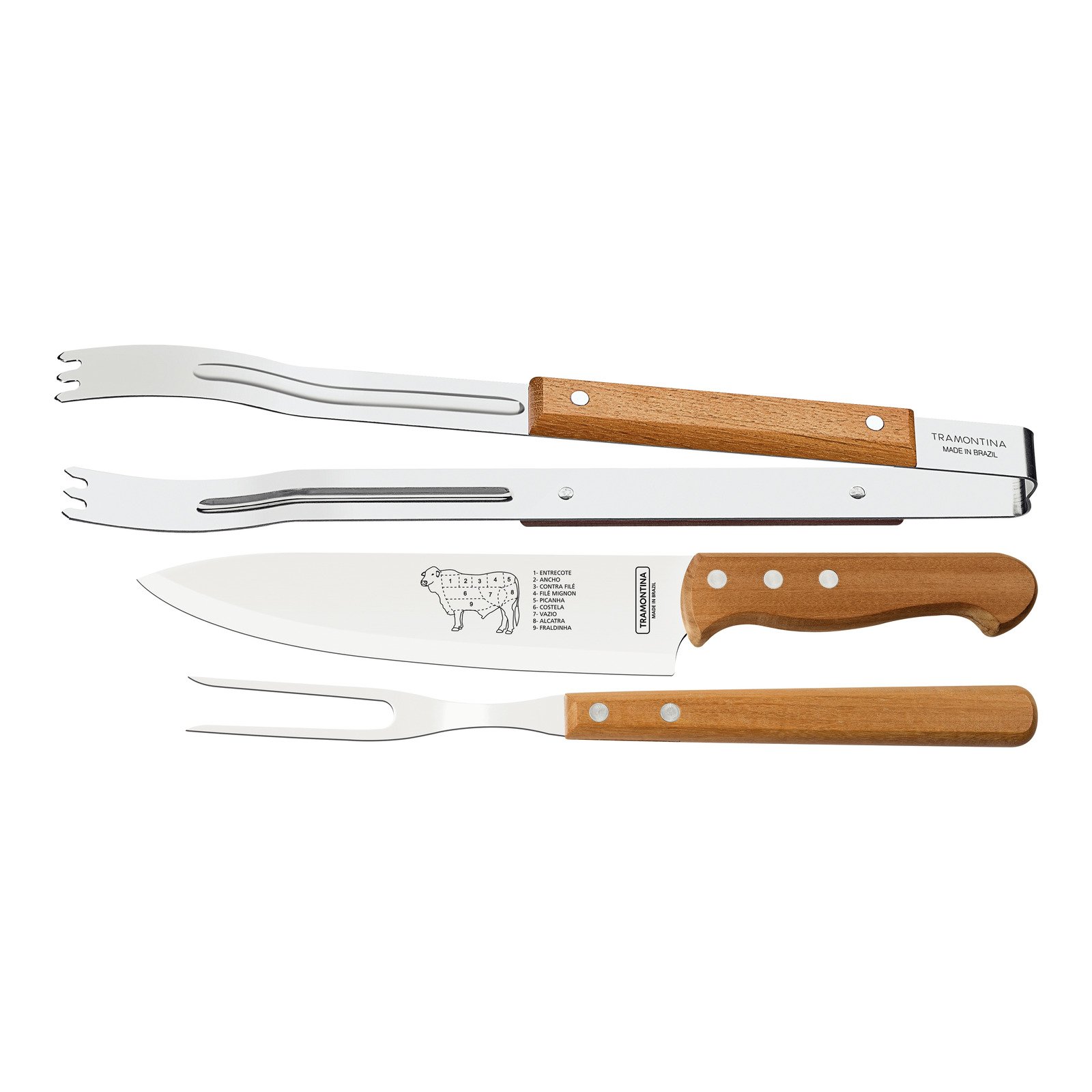 Jogo para Churrasco Tramontina com Lâminas em Aço Inox e Cabos de Madeira Natural 3 Peças - foto 4