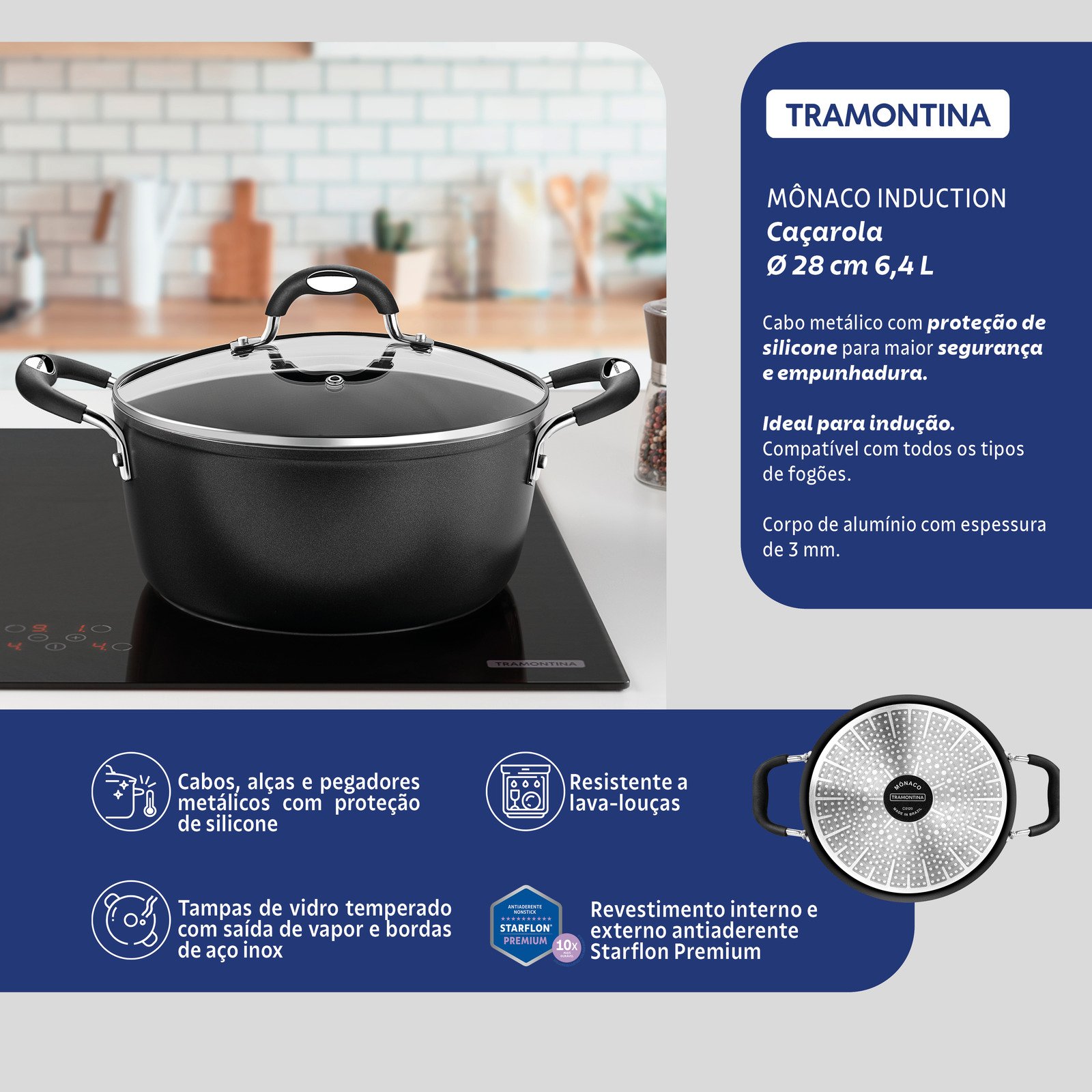 Caçarola Tramontina Mônaco Induction em Alumínio com Revestimento Interno e Externo Antiaderente Starflon Premium Preto com Tampa de Vidro 28 Cm 6,4 L - foto 4