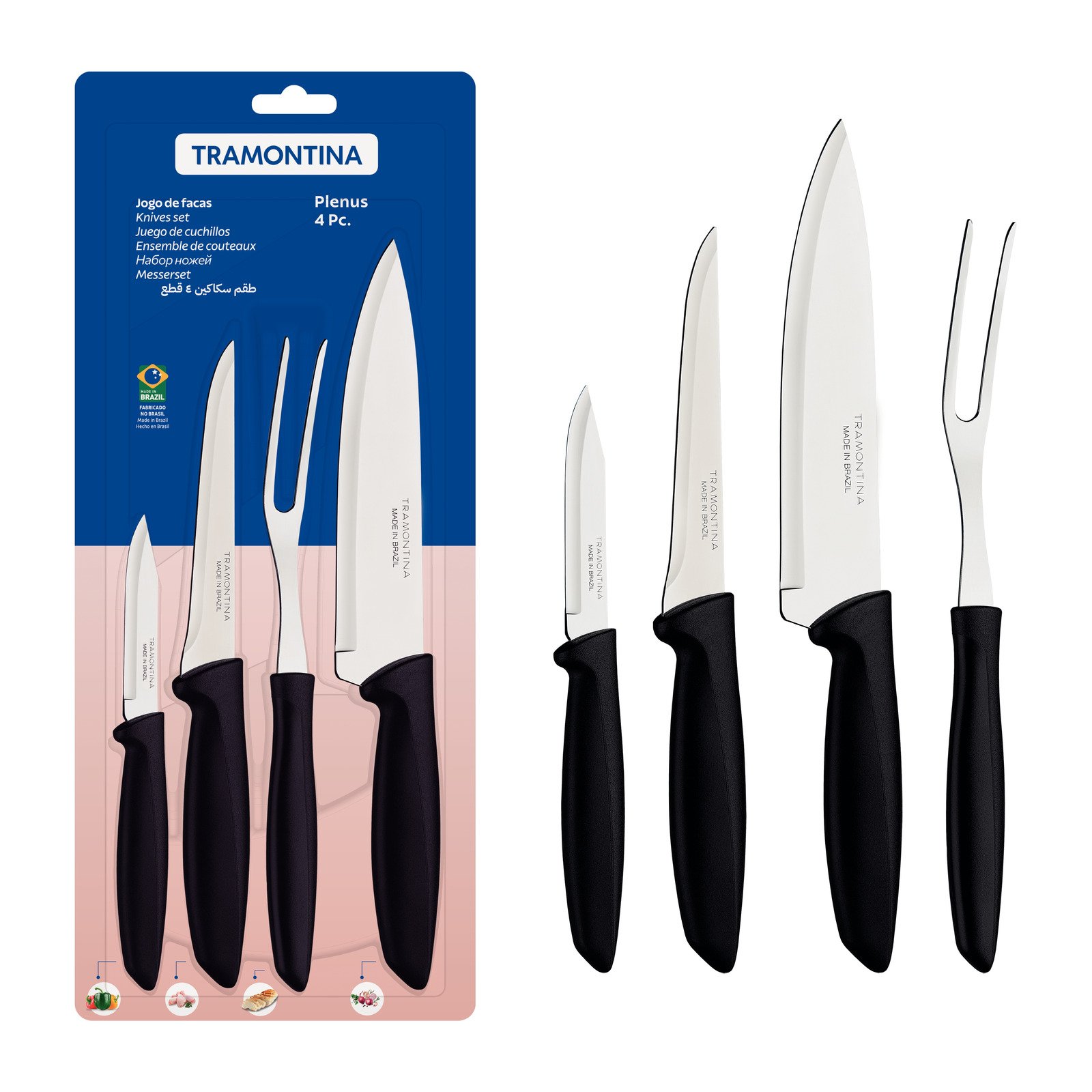 Jogo de Facas Tramontina Plenus com Lâminas em Aço Inox e Cabos de Polipropileno Preto 4 Peças