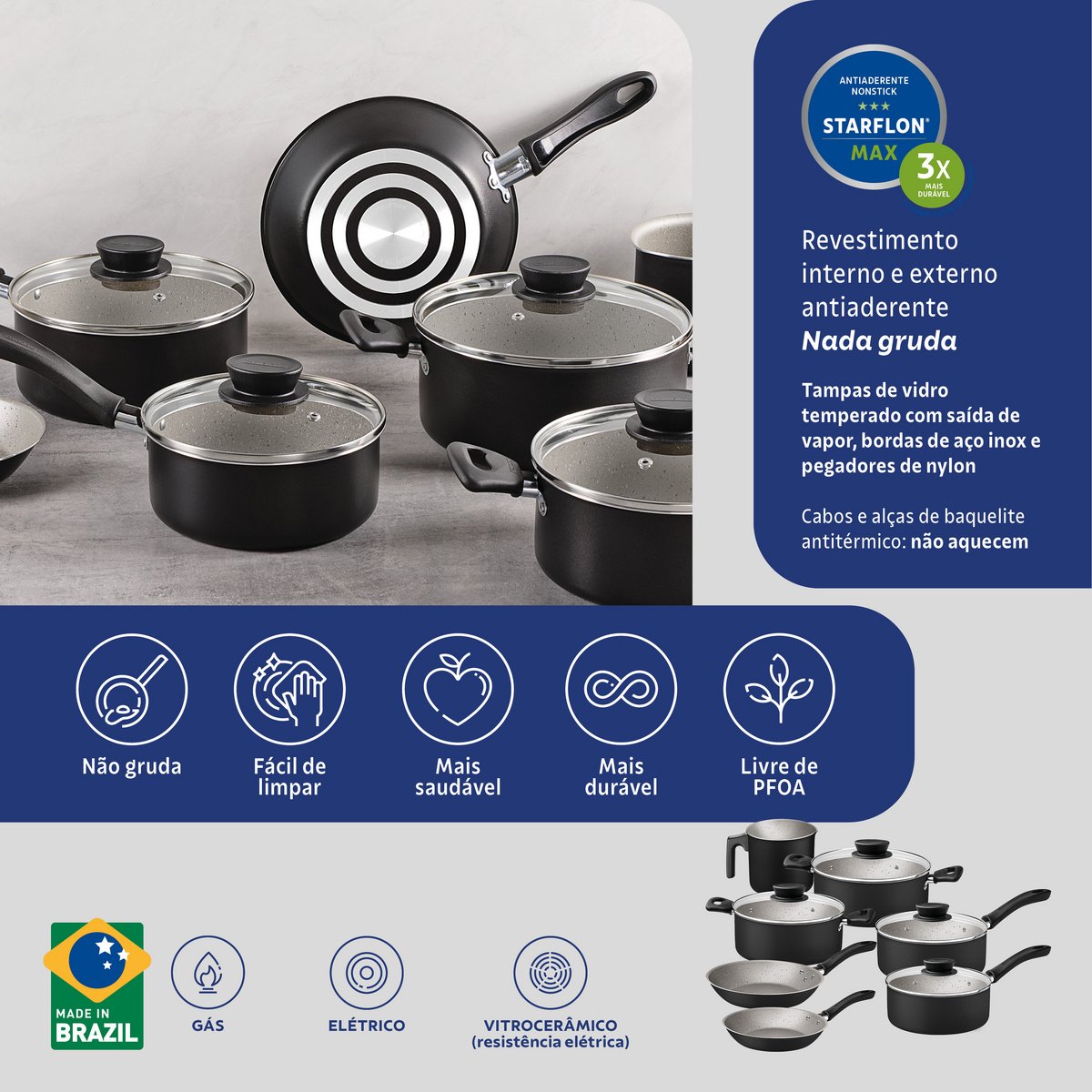 Jogo Panelas Tramontina Linz 7 Peças Aluminio Antiaderente Starflon Max Preto - foto 11