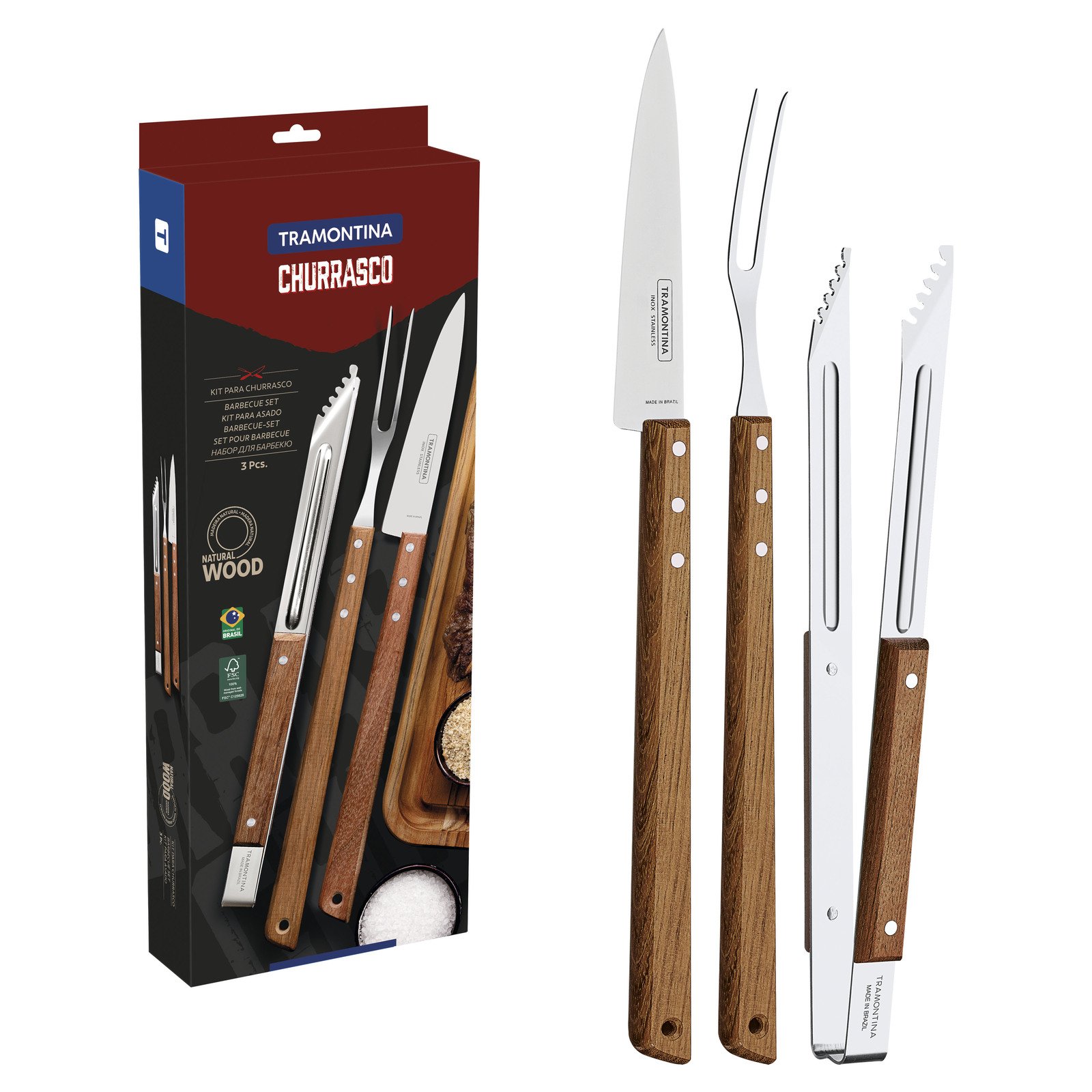 Kit para Churrasco Tramontina com Lâminas em Aço Inox e Cabos em Madeira Natural 3 Peças