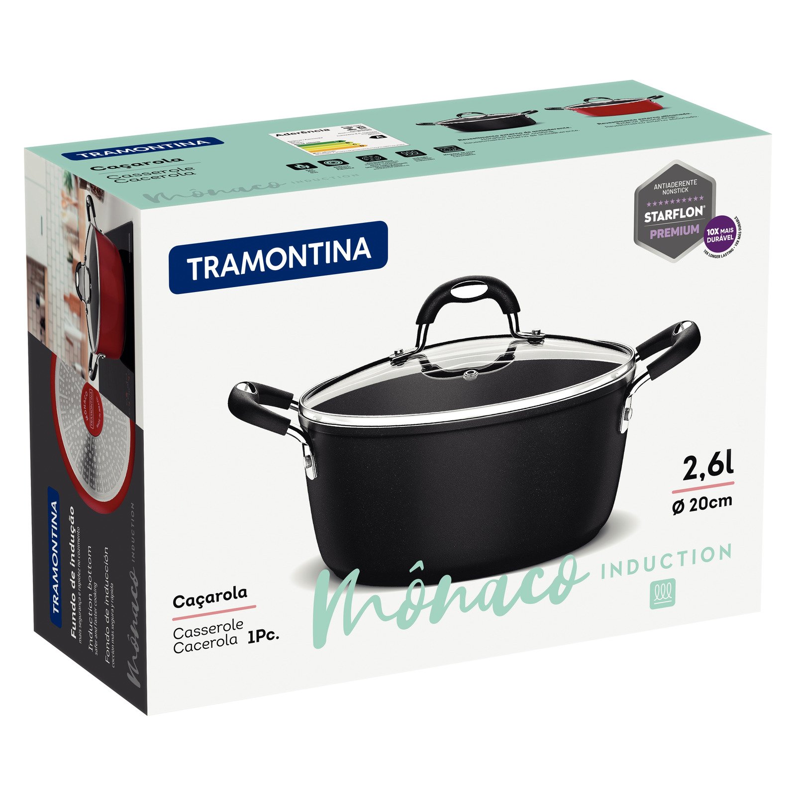 Caçarola Tramontina Mônaco Induction em Alumínio com Revestimento Interno e Externo Antiaderente Starflon Premium Preto com Tampa de Vidro 20 Cm 2,6 L - foto 6