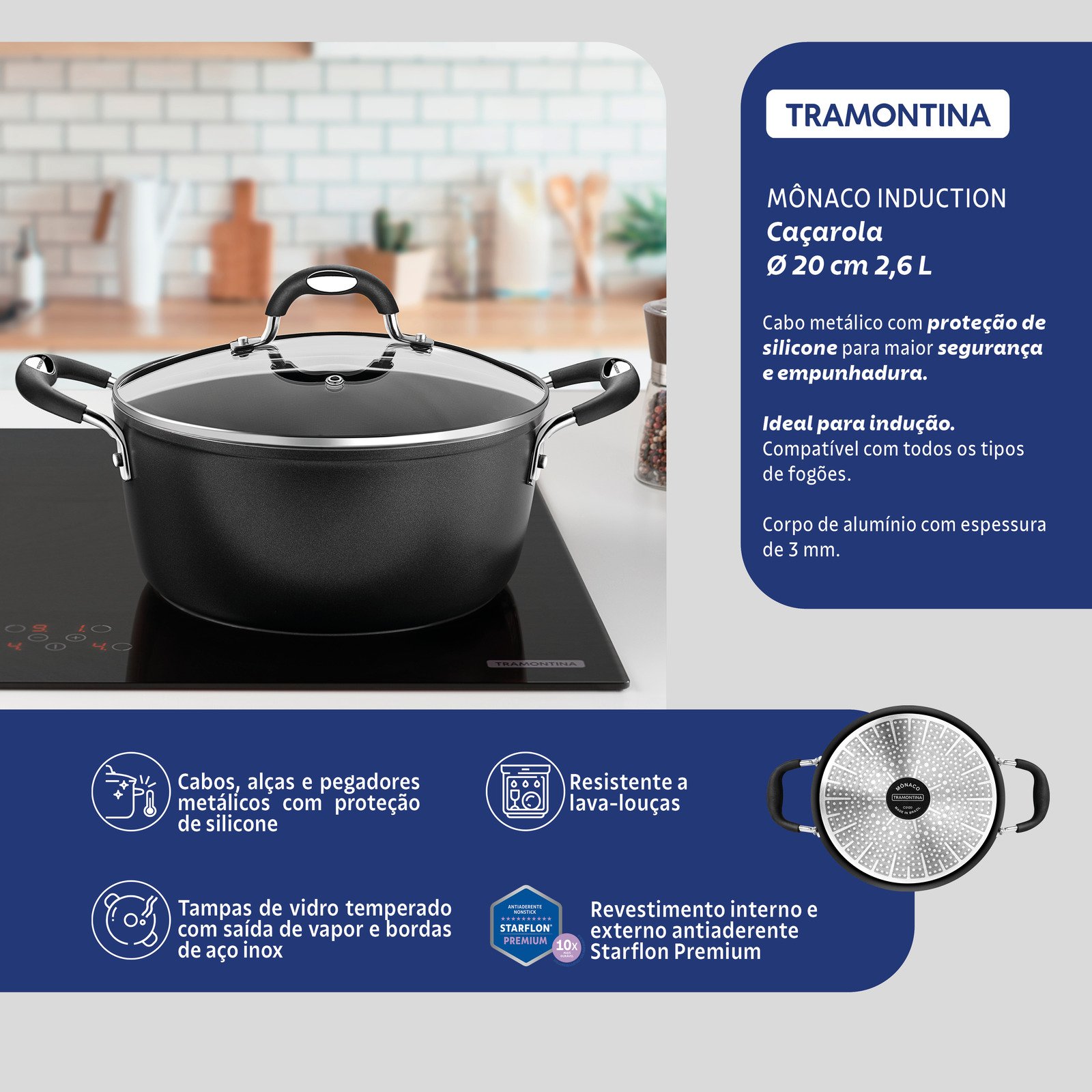 Caçarola Tramontina Mônaco Induction em Alumínio com Revestimento Interno e Externo Antiaderente Starflon Premium Preto com Tampa de Vidro 20 Cm 2,6 L - foto 5