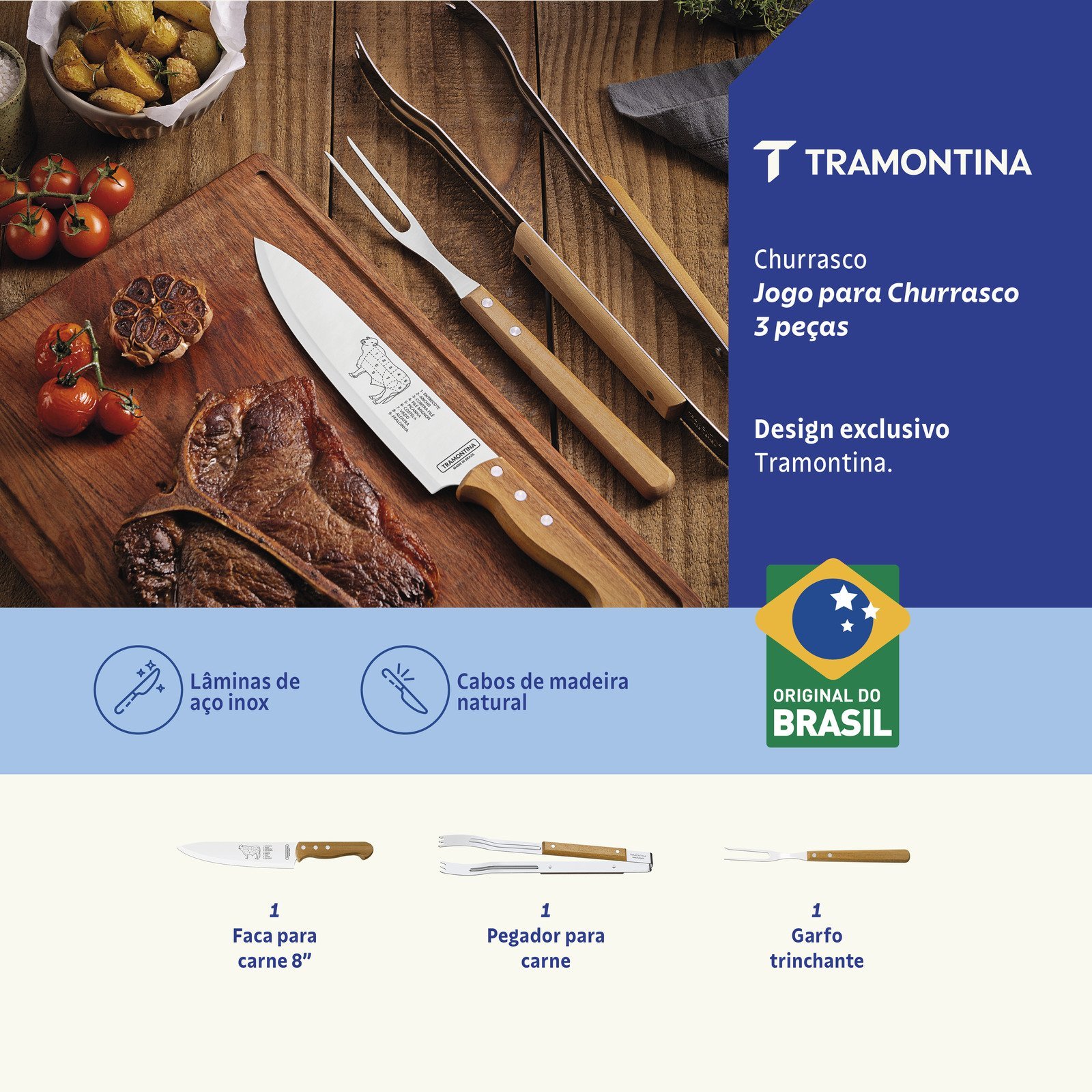 Jogo para Churrasco Tramontina com Lâminas em Aço Inox e Cabos de Madeira Natural 3 Peças - foto 2