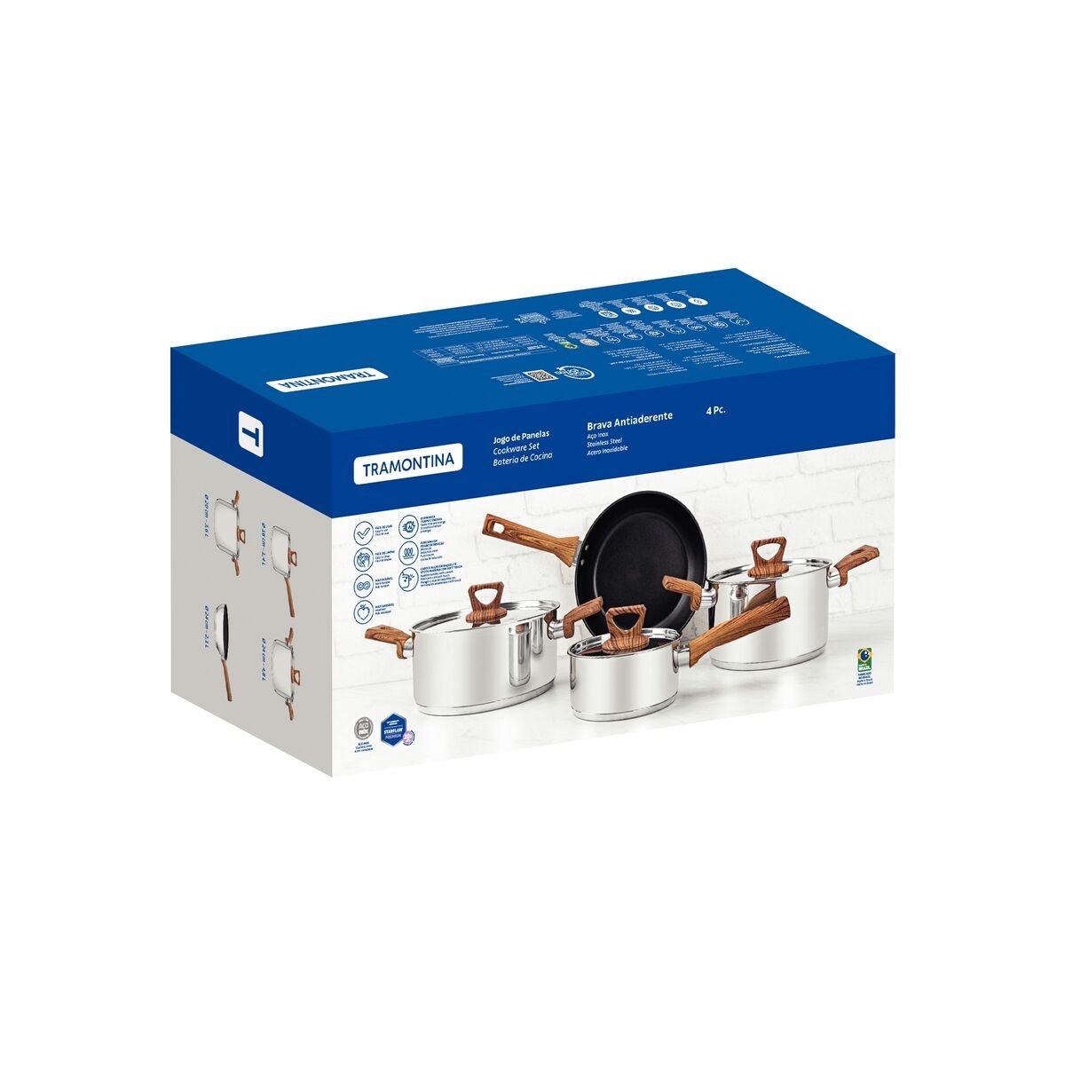 Jogo Panelas Tramontina Brava 4 Peças Aço Inox Antiaderente Cabos Madeira - foto 9