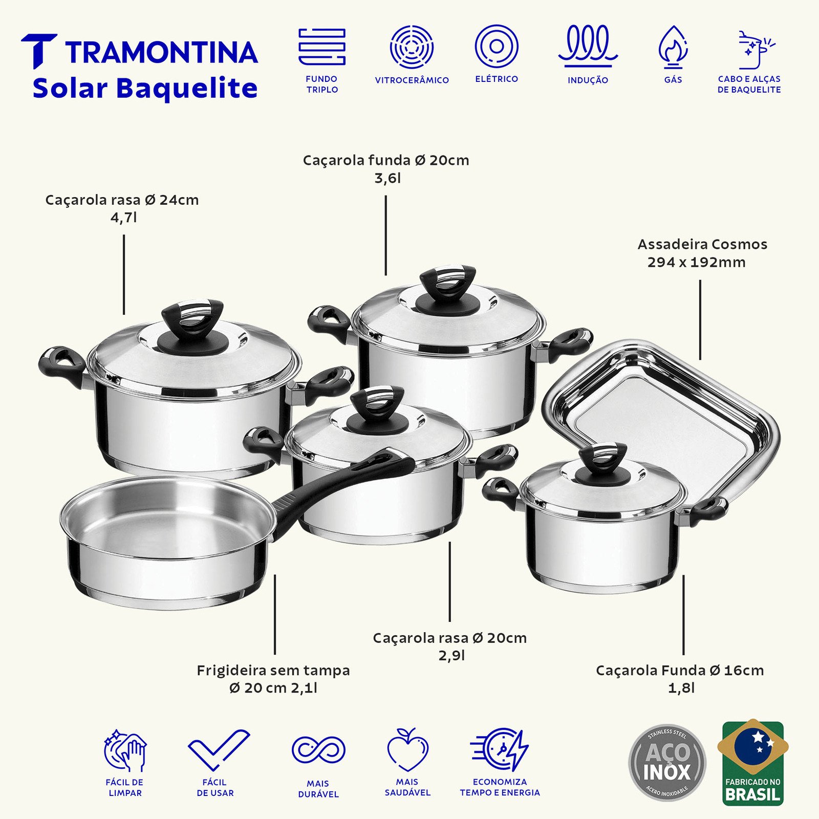 Jogo de Panelas Tramontina Solar Baquelite em Aço Inox Fundo Triplo com Cabos e Alças de Baquelite 6 Peças - foto 2