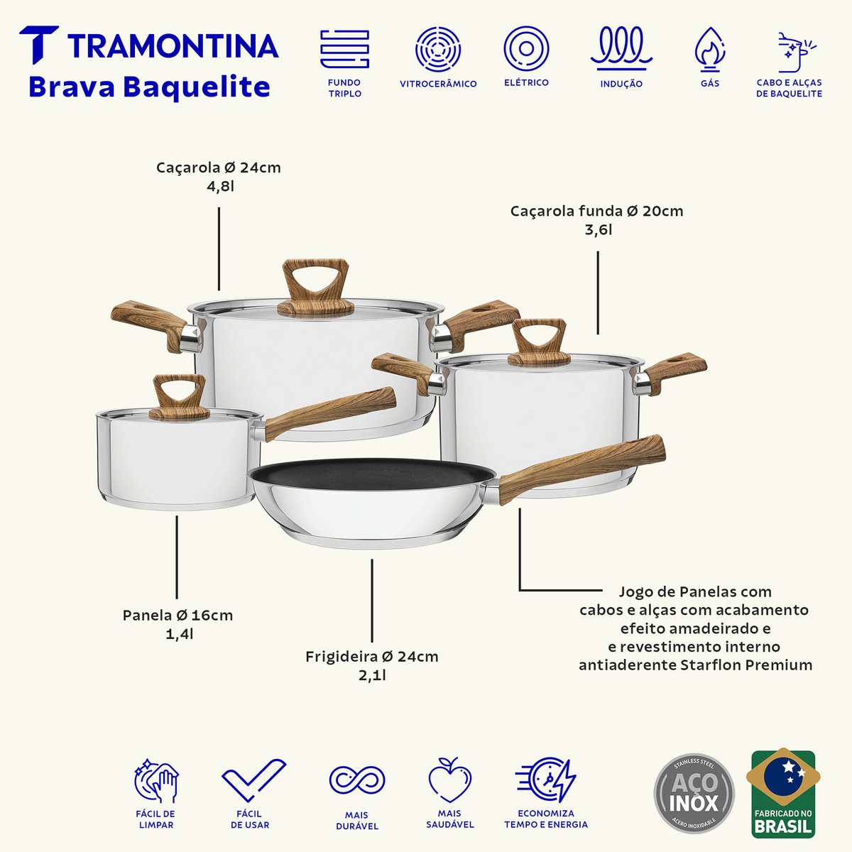 Jogo Panelas Tramontina Brava 4 Peças Aço Inox Antiaderente Cabos Madeira - foto 4