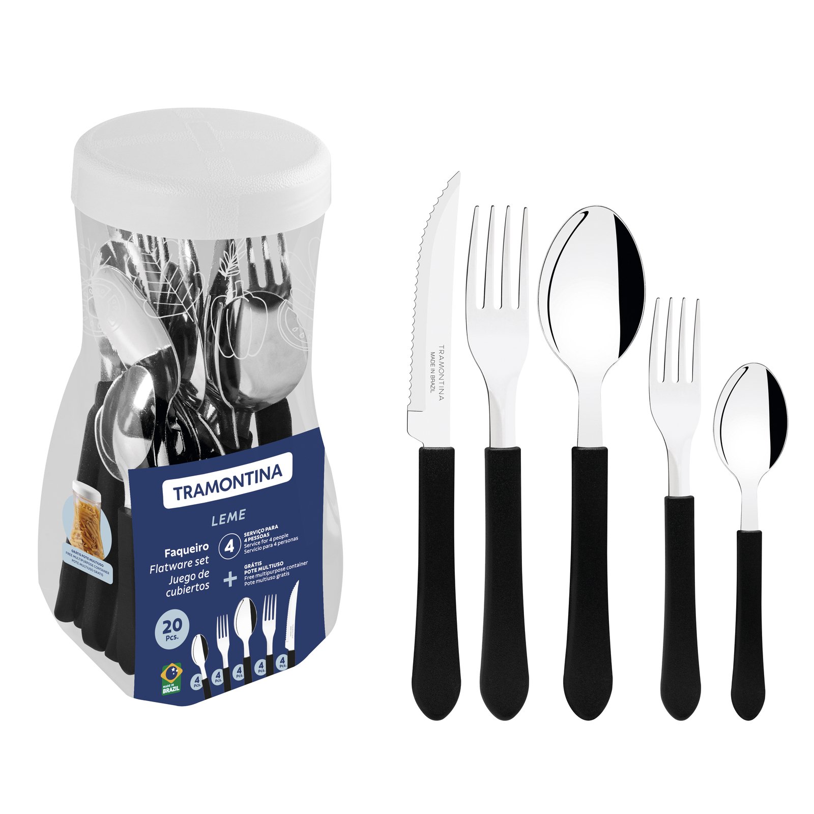 Faqueiro Tramontina Leme com Lâminas em Aço Inox e Cabos de Polipropileno Preto 20 Peças