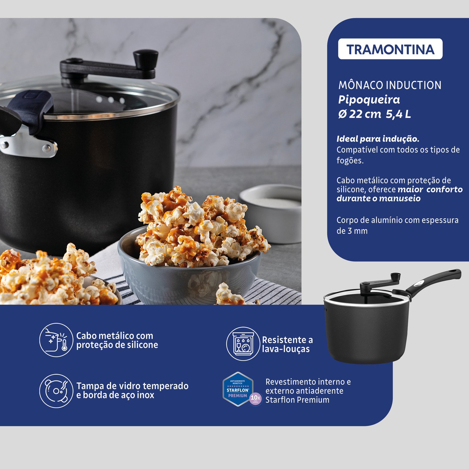 Pipoqueira Tramontina Mônaco Induction em Alumínio com Revestimento Interno e Externo Antiaderente Starflon Premium Preto 22 Cm 5,4 L - foto 2