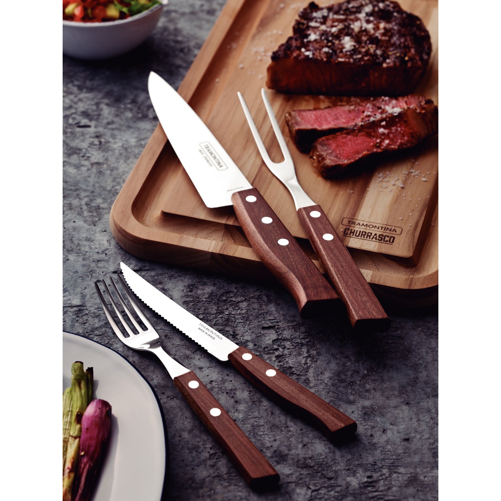 Jogo de Talheres para Churrasco Tramontina com Lâminas de Aço Inox e Cabos de Madeira Natural 14 Peças - foto 2