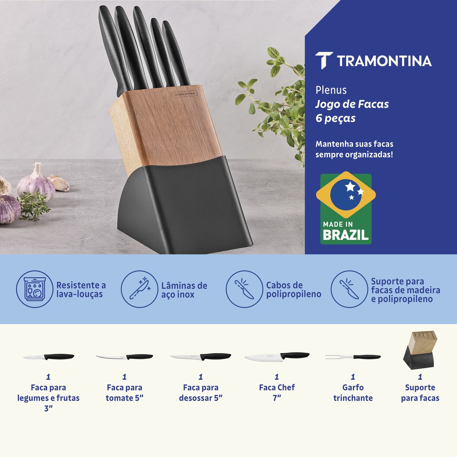 Jogo de Facas Tramontina Plenus com Lâminas em Aço Inox Cabos de Polipropileno Preto e Suporte de Madeira 6 Peças - foto 2