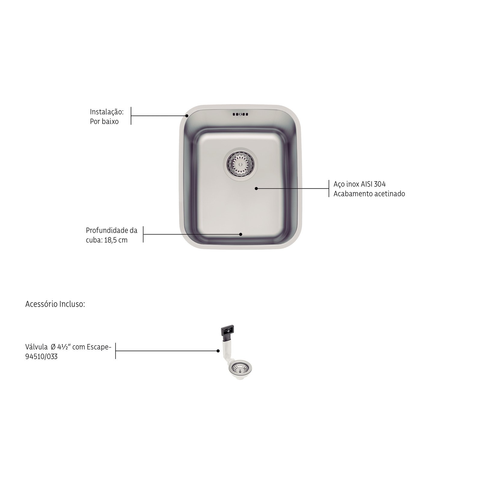 Cuba de Embutir Tramontina Dora 34 Bl R6 em Aço Inox Escovado com Válvula e Escape 34x40 Cm - foto 3
