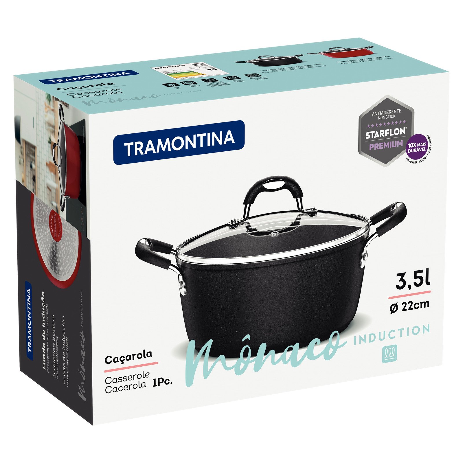 Caçarola Tramontina Mônaco Induction em Alumínio com Revestimento Interno e Externo Antiaderente Starflon Premium Preto com Tampa de Vidro 22 Cm 3,5 L - foto 7