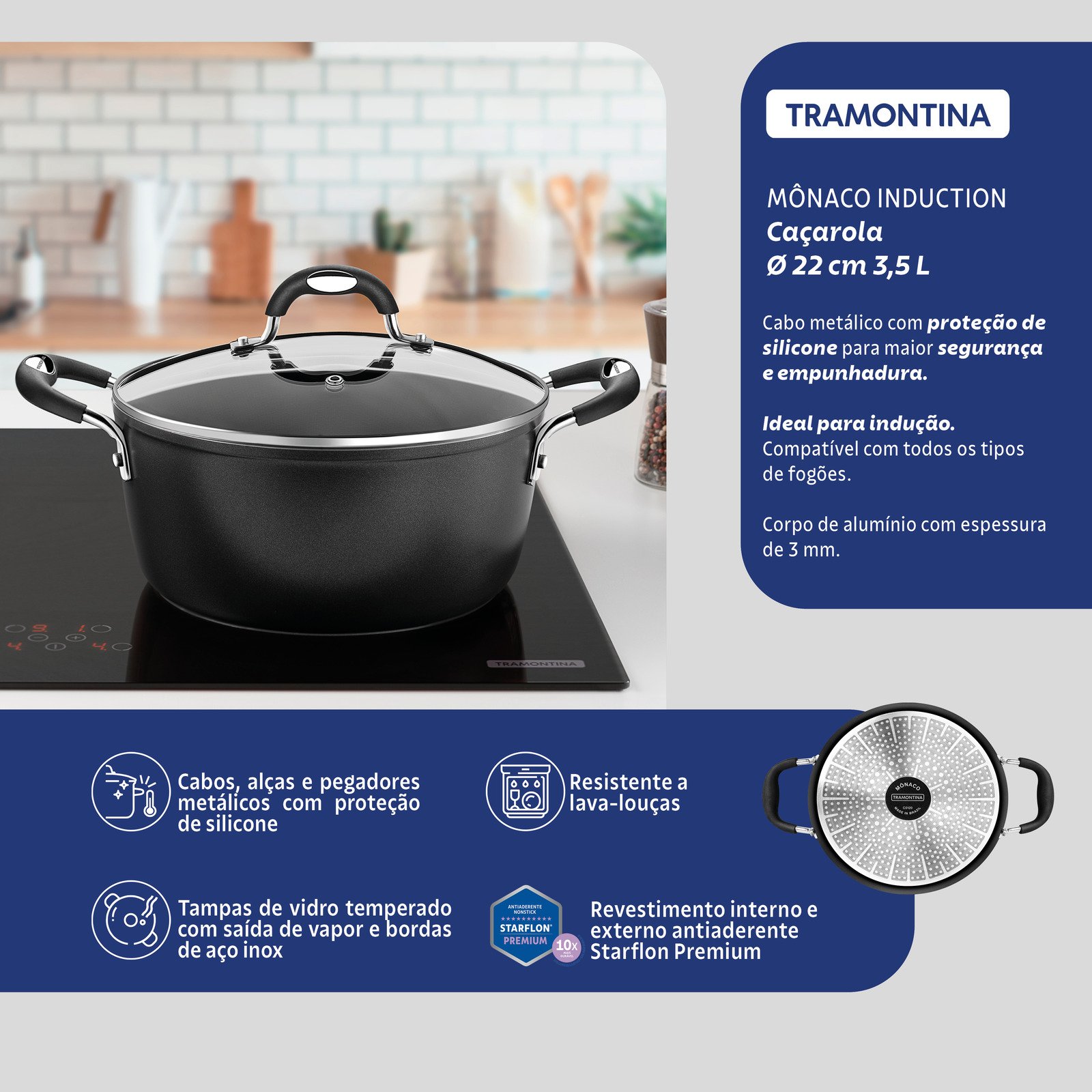 Caçarola Tramontina Mônaco Induction em Alumínio com Revestimento Interno e Externo Antiaderente Starflon Premium Preto com Tampa de Vidro 22 Cm 3,5 L - foto 5
