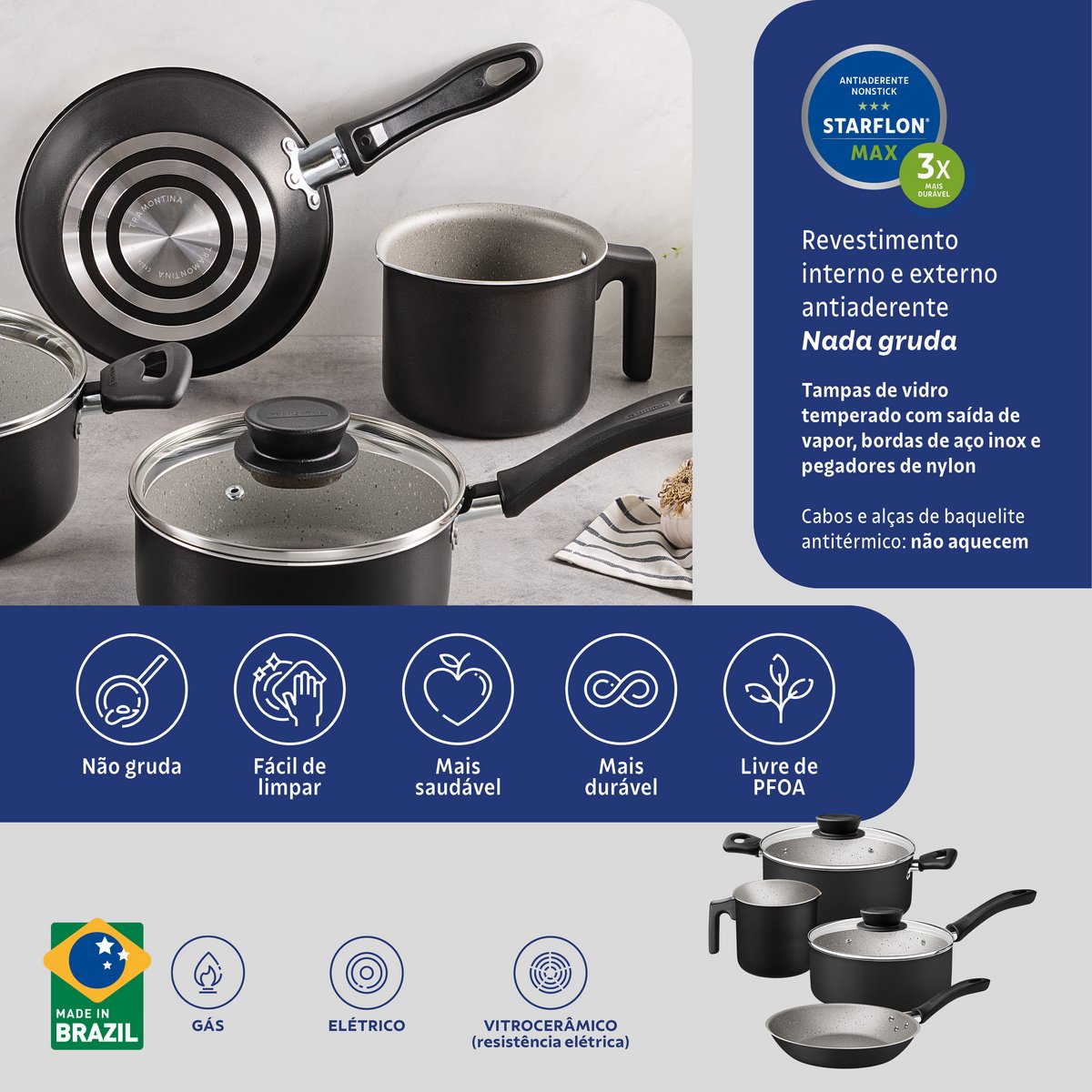 Jogo Panelas Tramontina Linz 4 Peças Aluminio Antiaderente Starflon Max Preto - foto 9