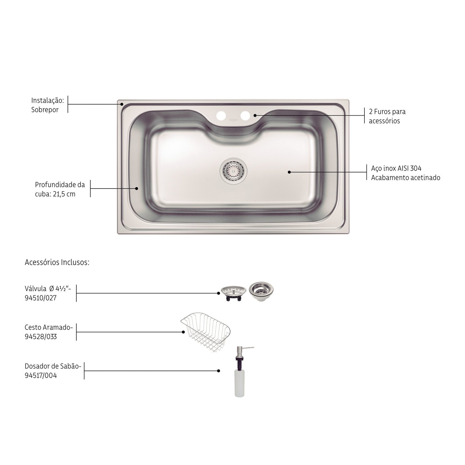 Cuba de Sobrepor Tramontina Morgana Maxi 78 Fx em Aço Inox com Acabamento Escovado com Válvula Dosador de Sabão e Cesto Aramado 86x50 Cm - foto 3