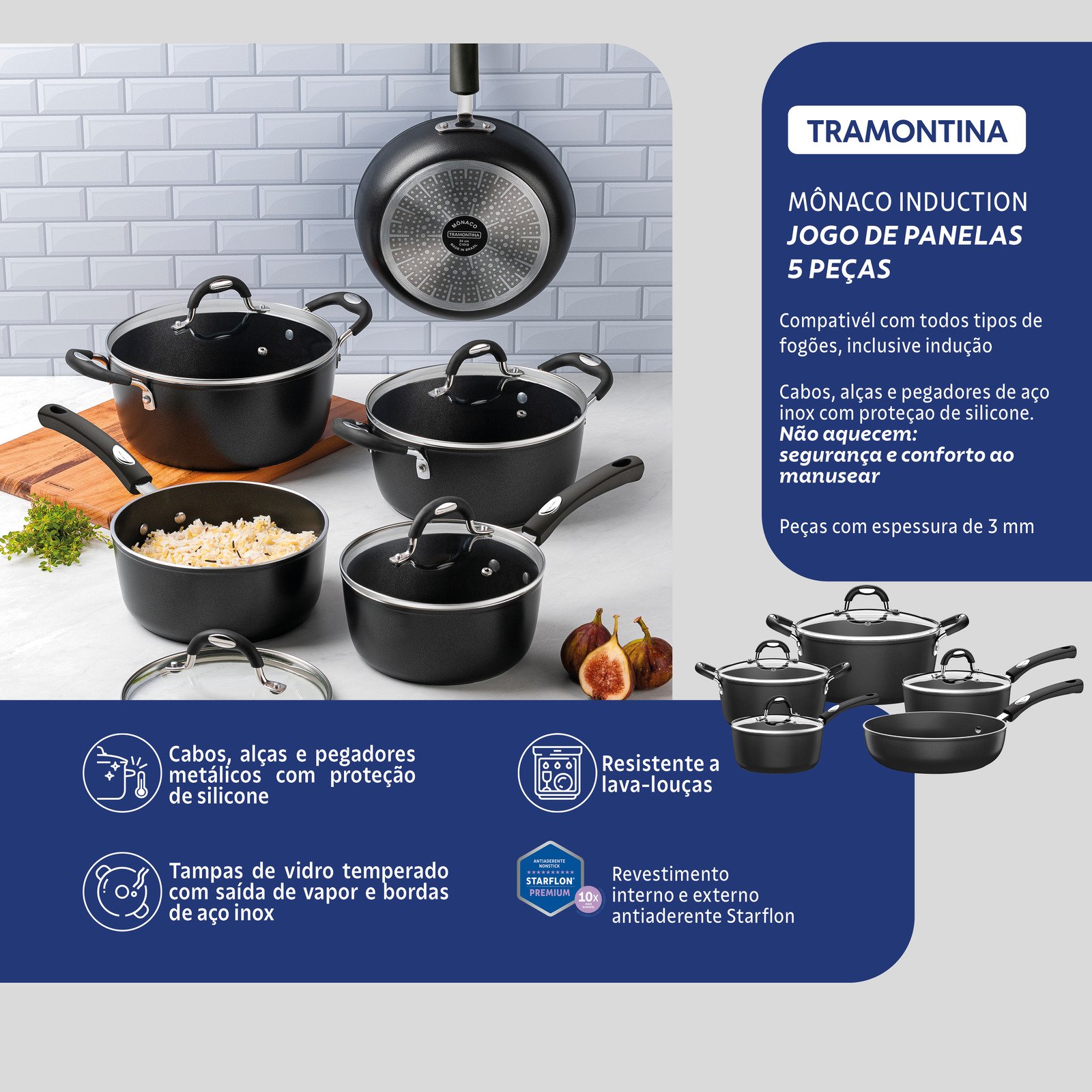 Jogo de Panelas Tramontina Mônaco Induction em Alumínio com Revestimento Interno e Externo Antiaderente Starflon Premium Preto 5 Peças - foto 2