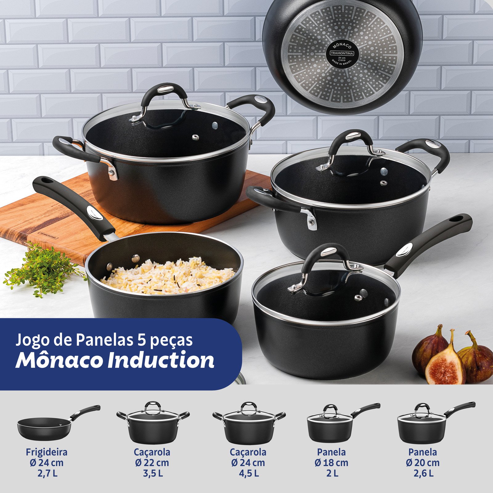 Jogo de Panelas Tramontina Mônaco Induction em Alumínio com Revestimento Interno e Externo Antiaderente Starflon Premium Preto 5 Peças - foto 3