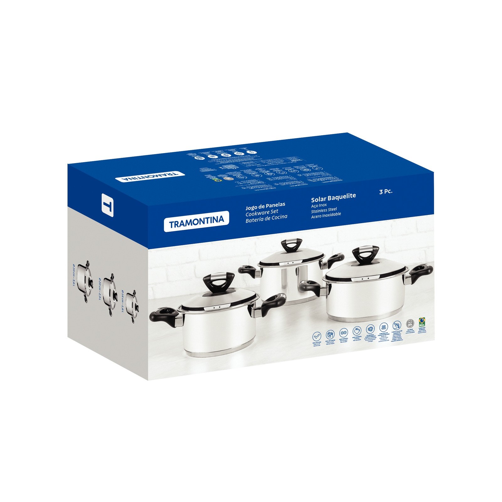 Jogo de Panelas Tramontina Solar Baquelite em Aço Inox com Fundo Triplo e Cabos e Alças de Baquelite 3 Peças - foto 6