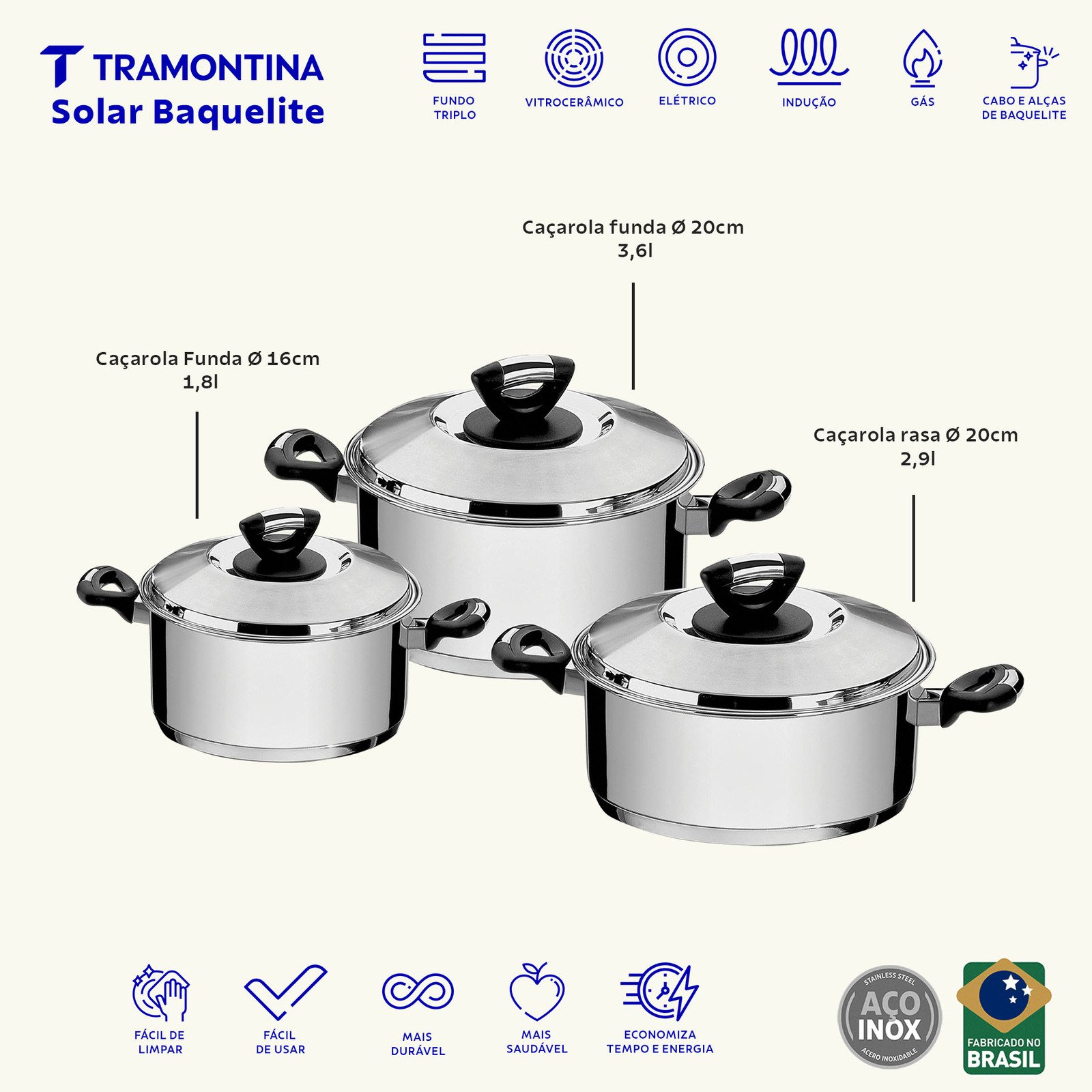 Jogo de Panelas Tramontina Solar Baquelite em Aço Inox com Fundo Triplo e Cabos e Alças de Baquelite 3 Peças - foto 2