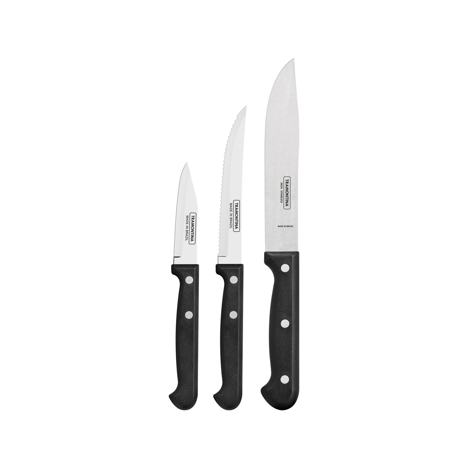 Jogo de Facas Tramontina Ultracorte com Lâminas em Aço Inox e Cabos de Polipropileno Preto 3 Peças