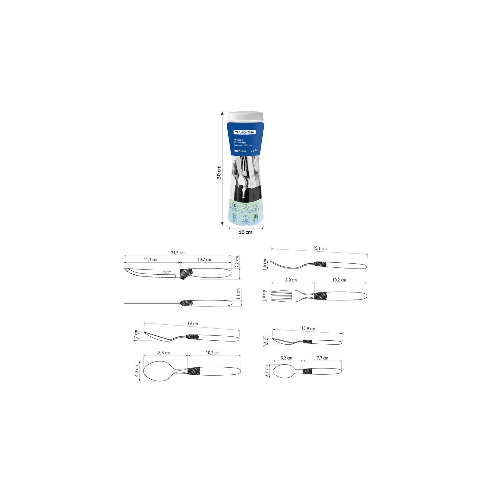 Faqueiro Tramontina Ipanema com Lâminas em Aço Inox e Cabos de Polipropileno Preto com Pote Plástico 24 Peças - foto 8