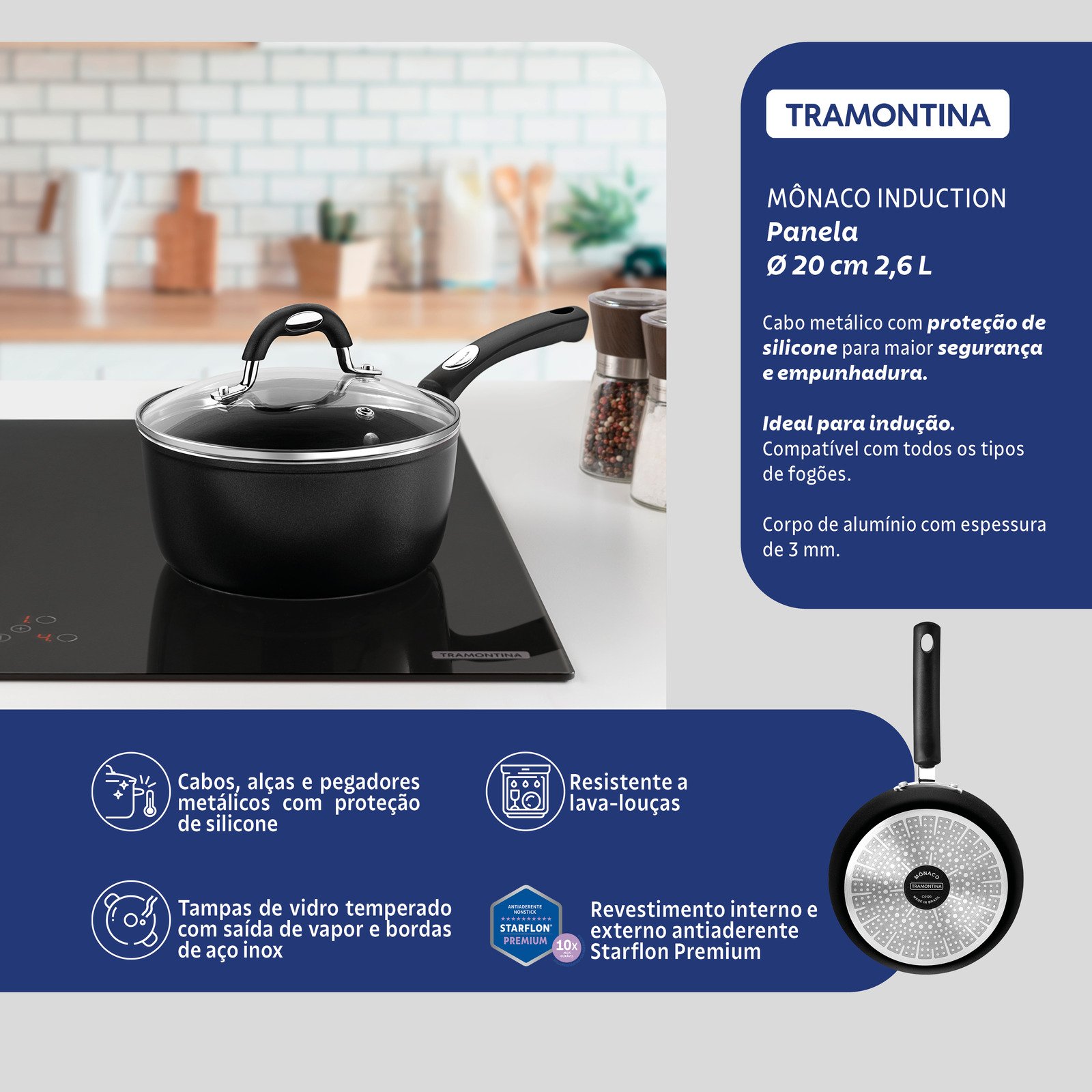 Panela Tramontina Mônaco Induction em Alumínio com Revestimento Interno e Externo Antiaderente Starflon Premium Preto com Tampa de Vidro 20 Cm 2,6 L - foto 2