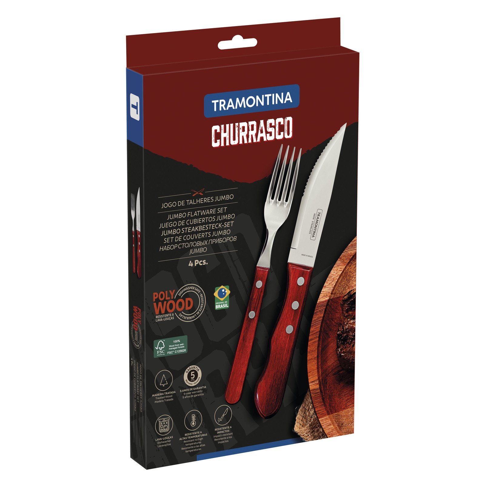 Jogo de Talheres Jumbo para Churrasco Tramontina em Aço Inox com Cabo Vermelho Polywood 4 Peças - foto 8