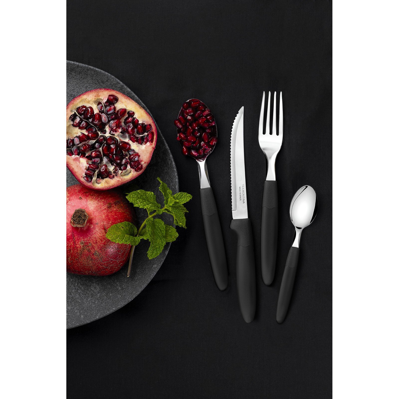 Faqueiro Tramontina Ipanema com Lâminas em Aço Inox e Cabos de Polipropileno Preto com Pote Plástico 24 Peças - foto 5