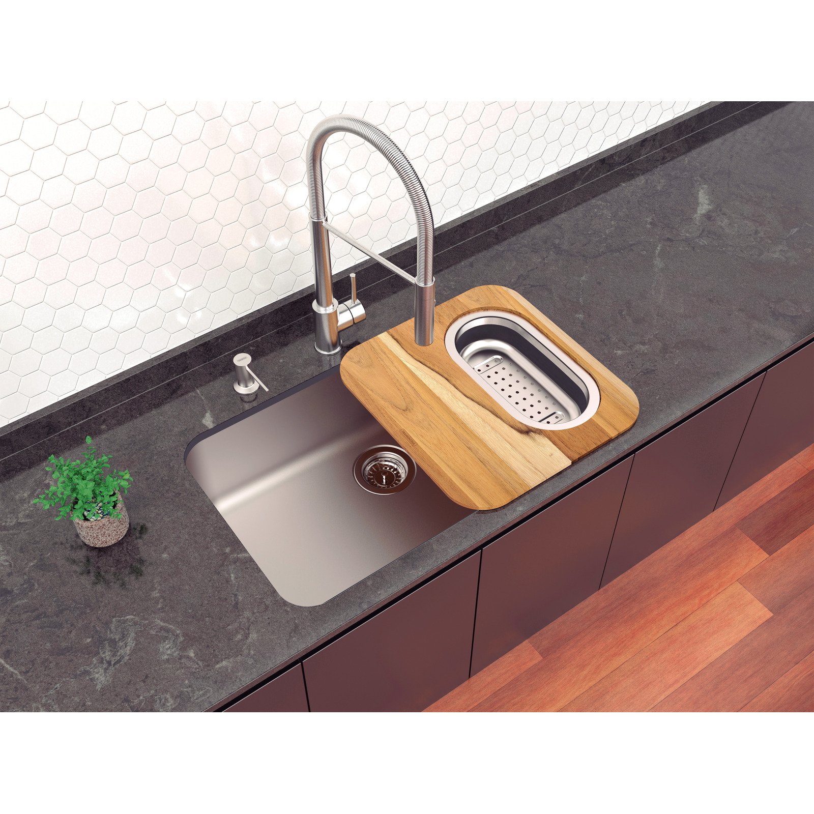 Cuba de Embutir Tramontina Dora 70 Bl R6 em Aço Inox Escovado com Válvula Ø 4 1/2", Tábua de Madeira, Cesto Coador e Dosador de Sabão 500 Ml - foto 2