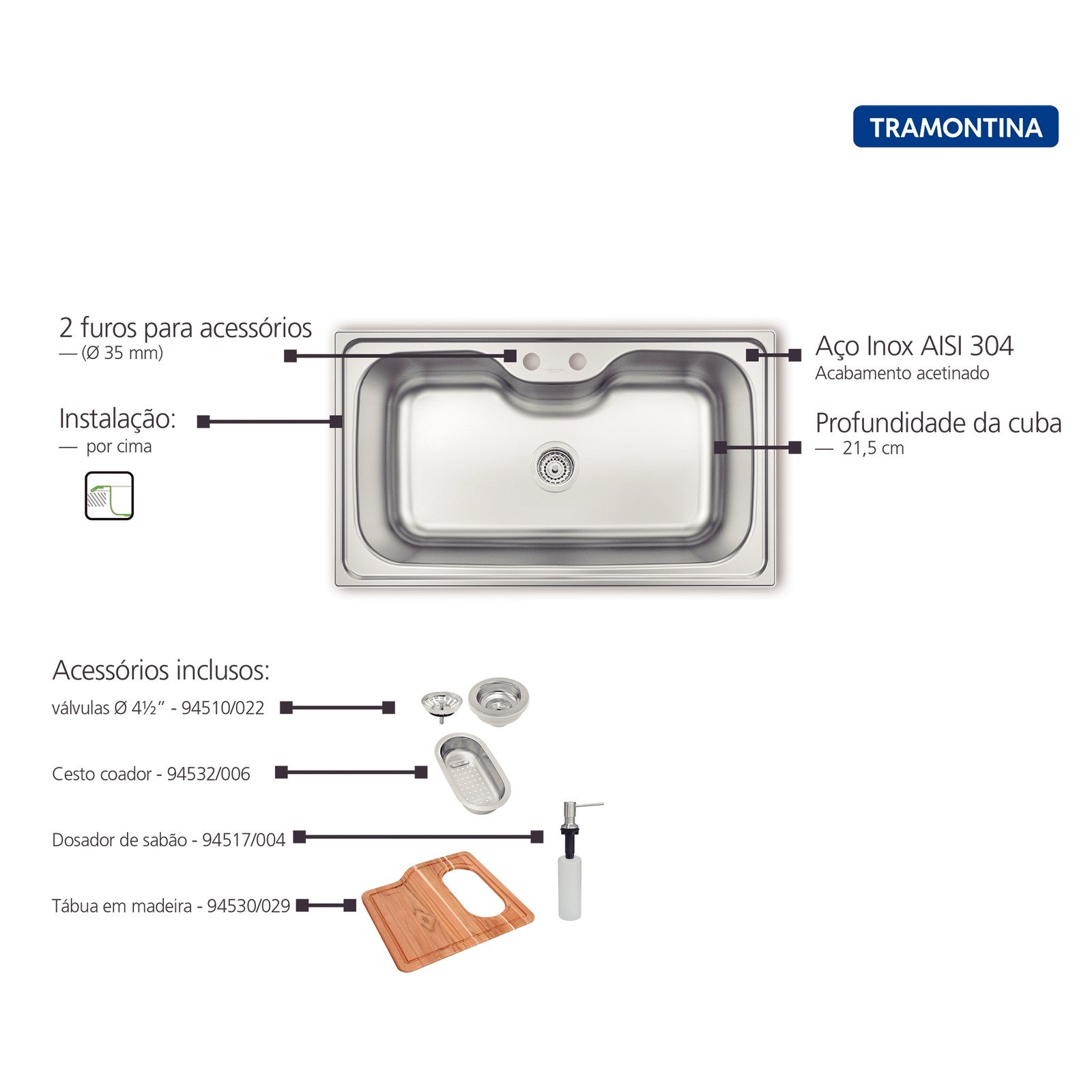 Cuba de Sobrepor Tramontina Morgana Maxi 78 Fx em Aço Inox com Acabamento Escovado com Válvula Dosador de Sabão Tábua e Cesto Coador 86x50 Cm - foto 3