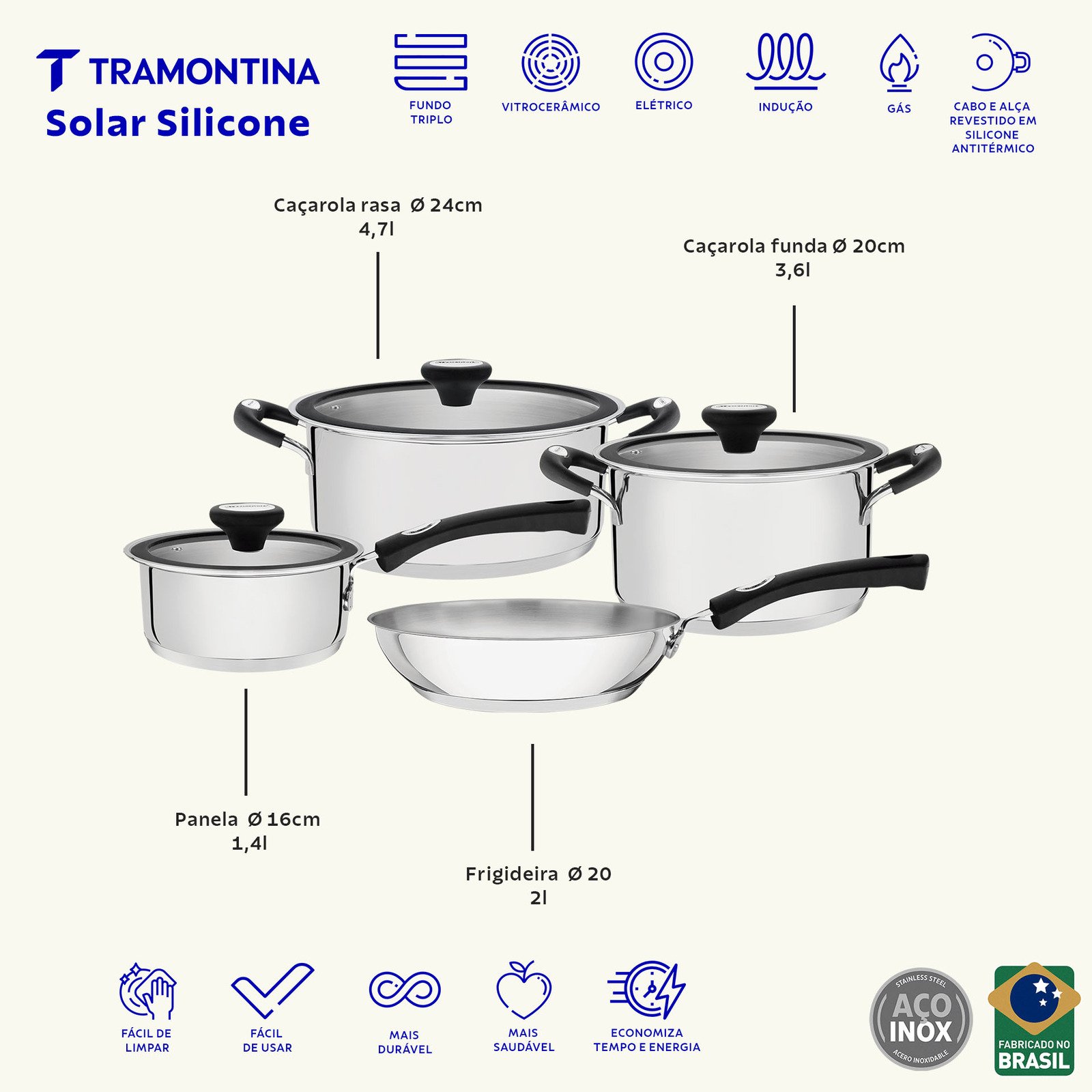 Jogo de Panelas Tramontina Solar Silicone em Aço Inox 4 Peças - foto 2