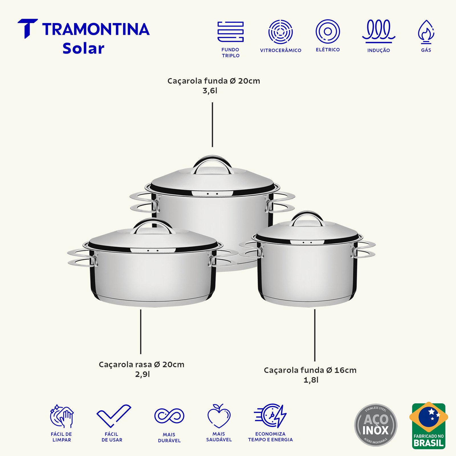 Jogo de Panelas Tramontina Solar em Aço Inox com Fundo Triplo 3 Peças - foto 2