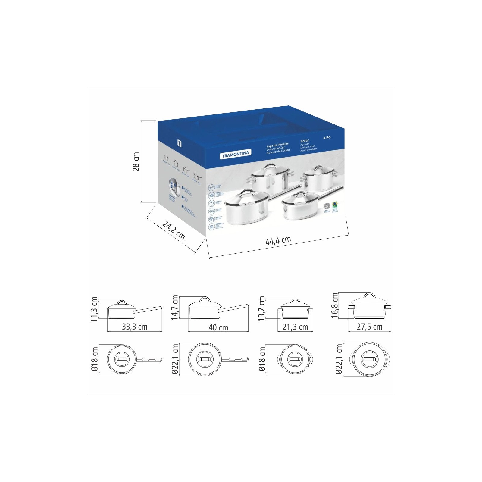 Jogo de Panelas Tramontina Solar em Aço Inox com Fundo Triplo 4 Peças - foto 7